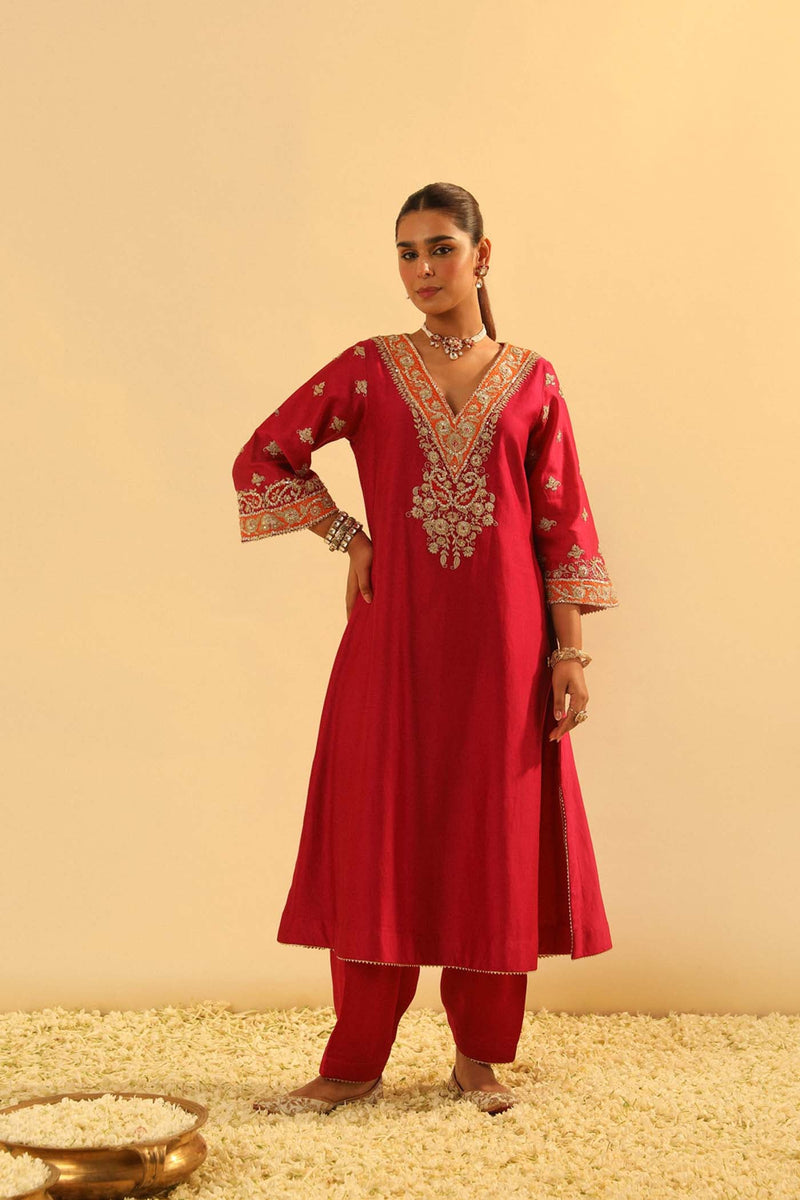 Alima - Red Long A-line Choga with Salwar (Lxrts)