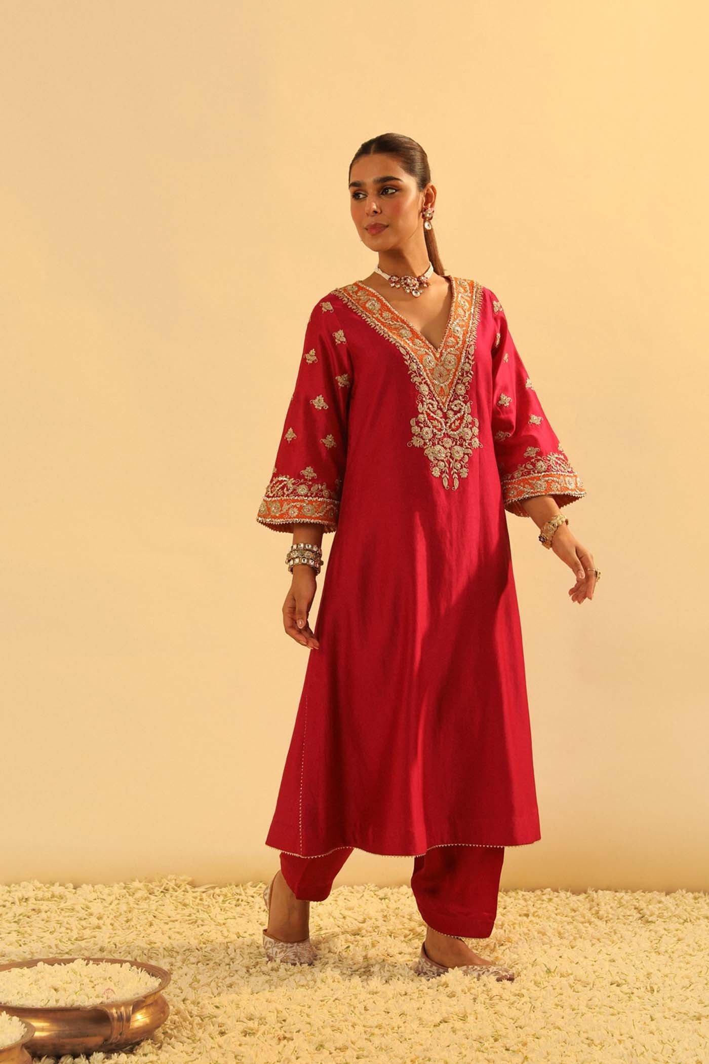 Alima - Red Long A-line Choga with Salwar (Lxrts)