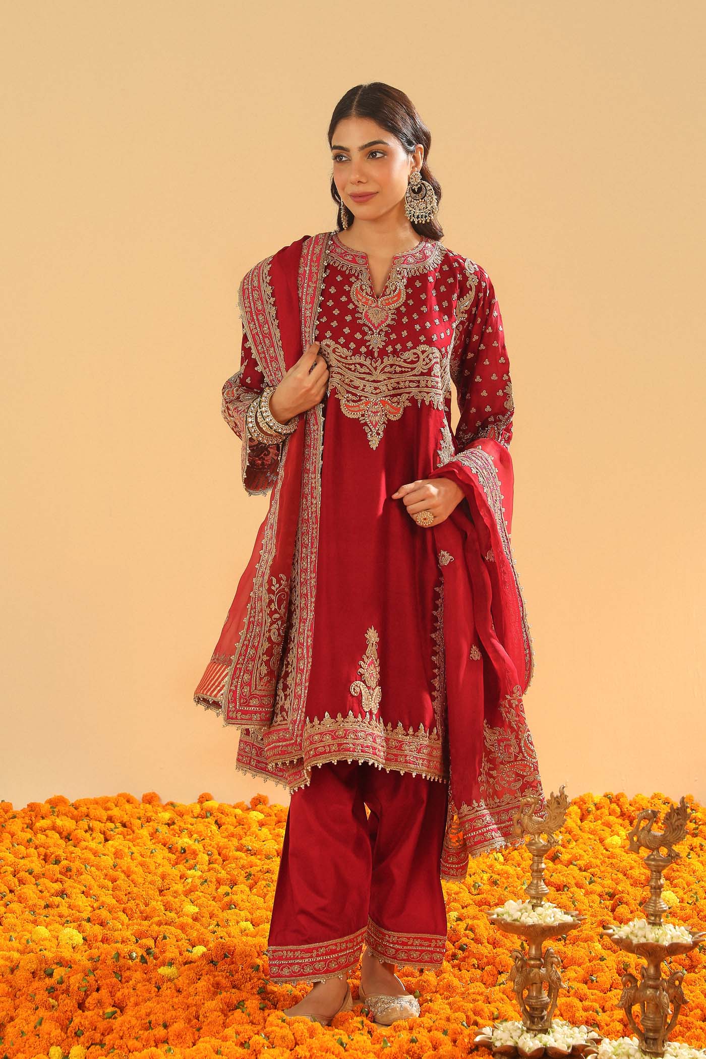 Shahzain - Deep Red Knee Length Kalidaar Chauga with Salwar