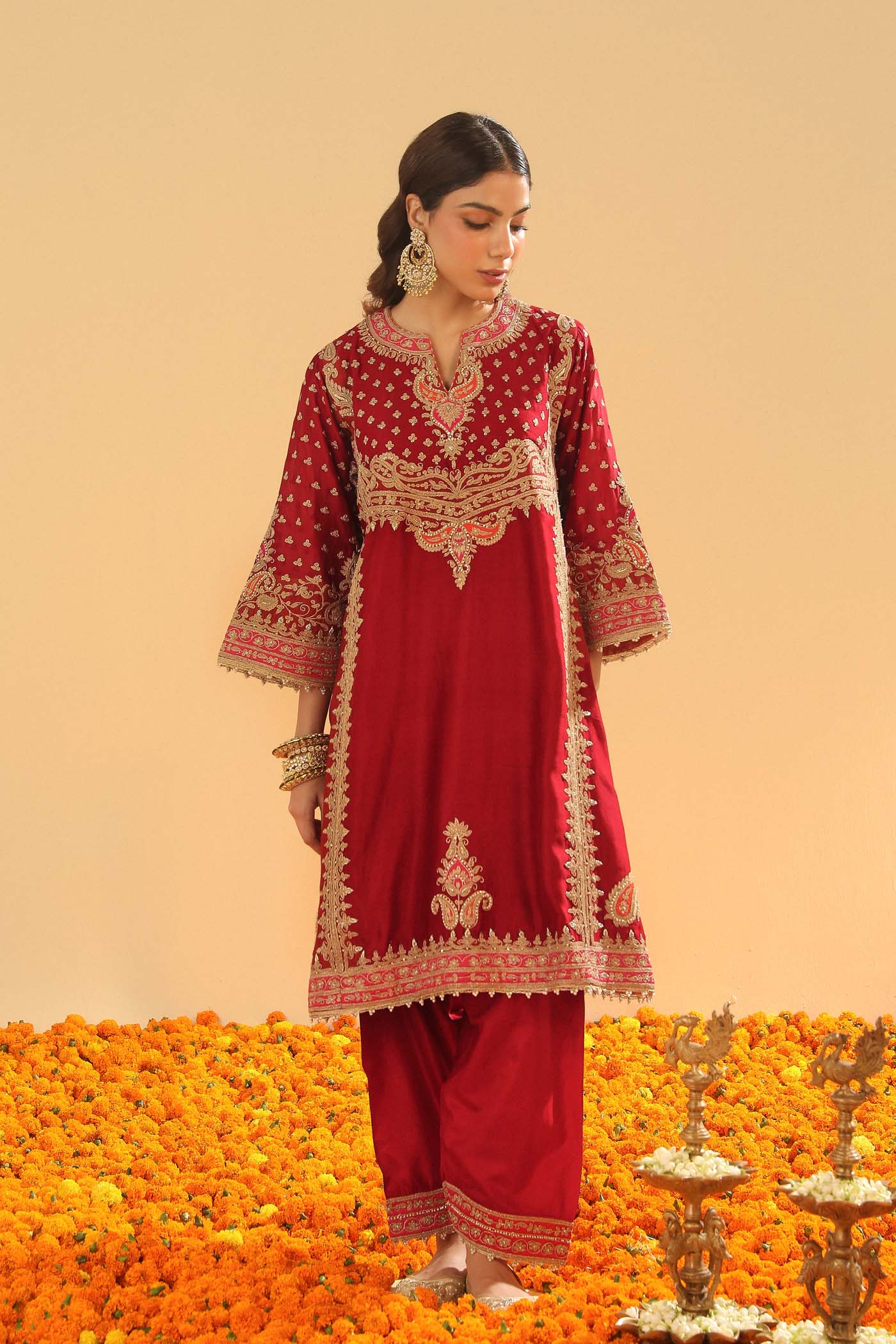 Shahzain - Deep Red Knee Length Kalidaar Chauga with Salwar (Lxrts)