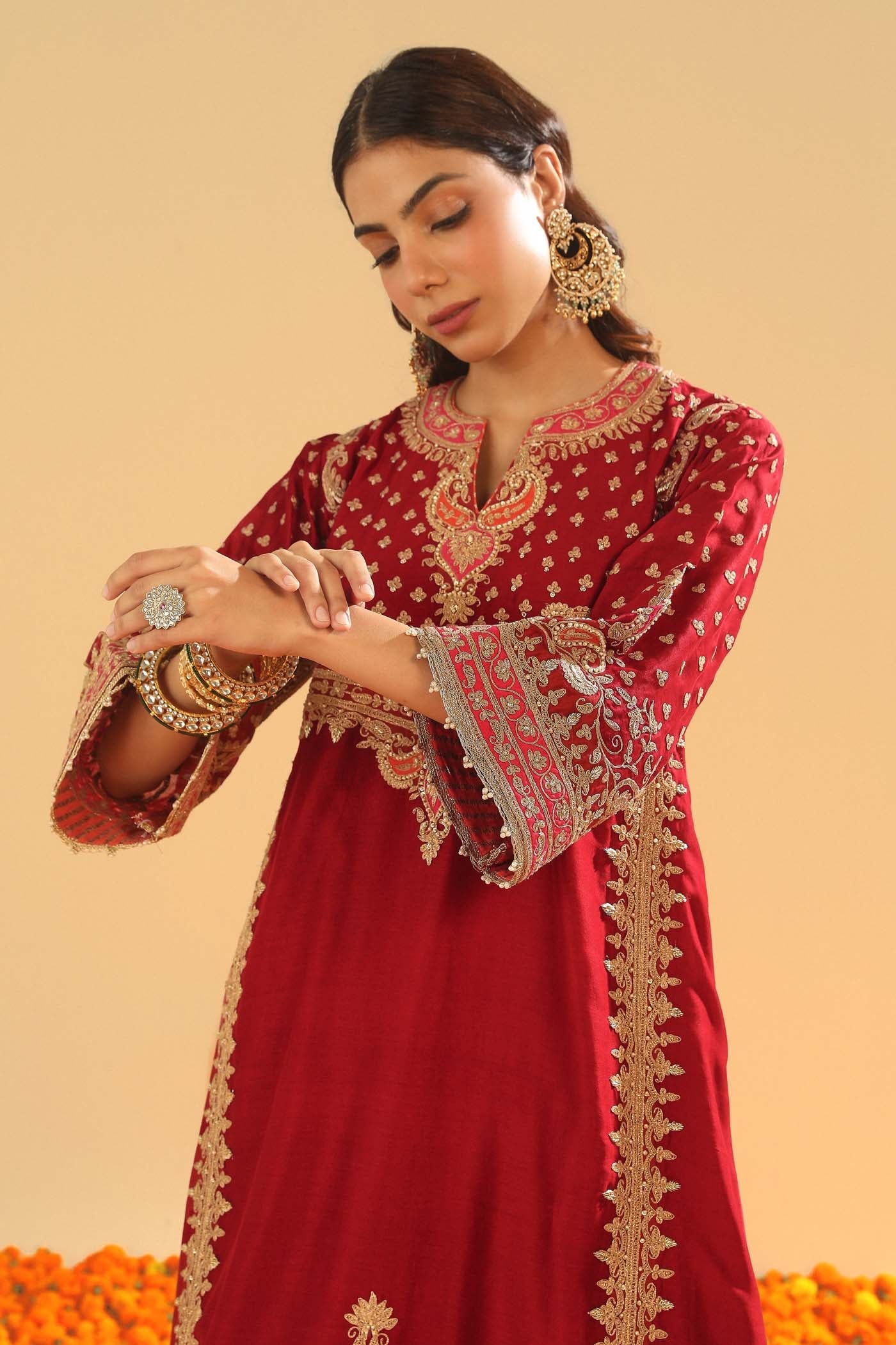 Shahzain - Deep Red Knee Length Kalidaar Chauga with Salwar (Lxrts)