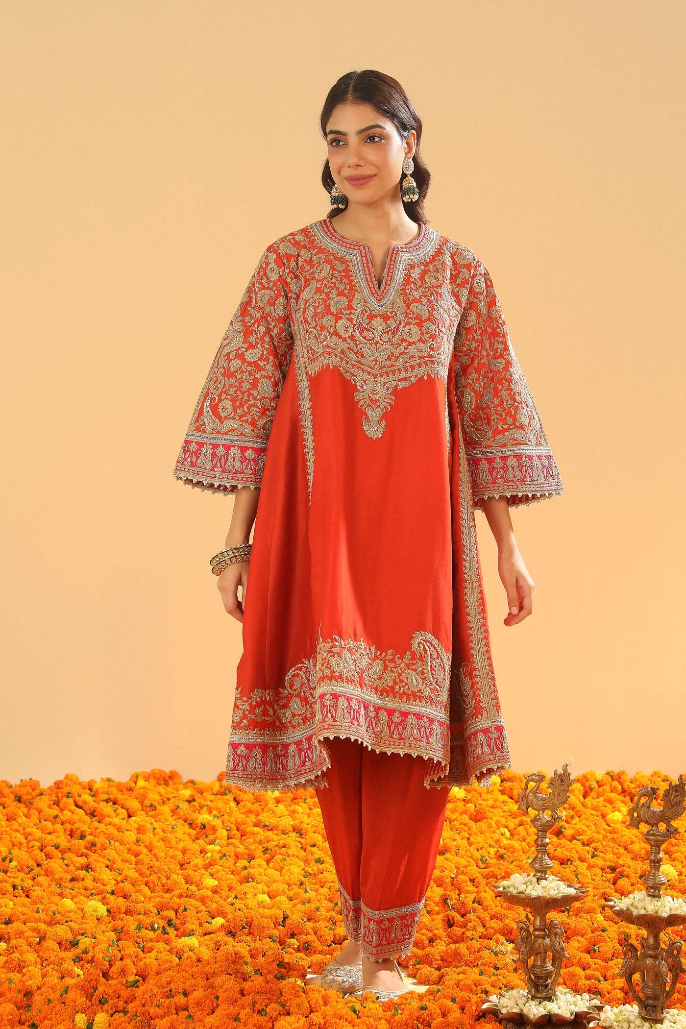 Irha - Burnt Orange Knee Length Kalidaar Chauga with Salwar