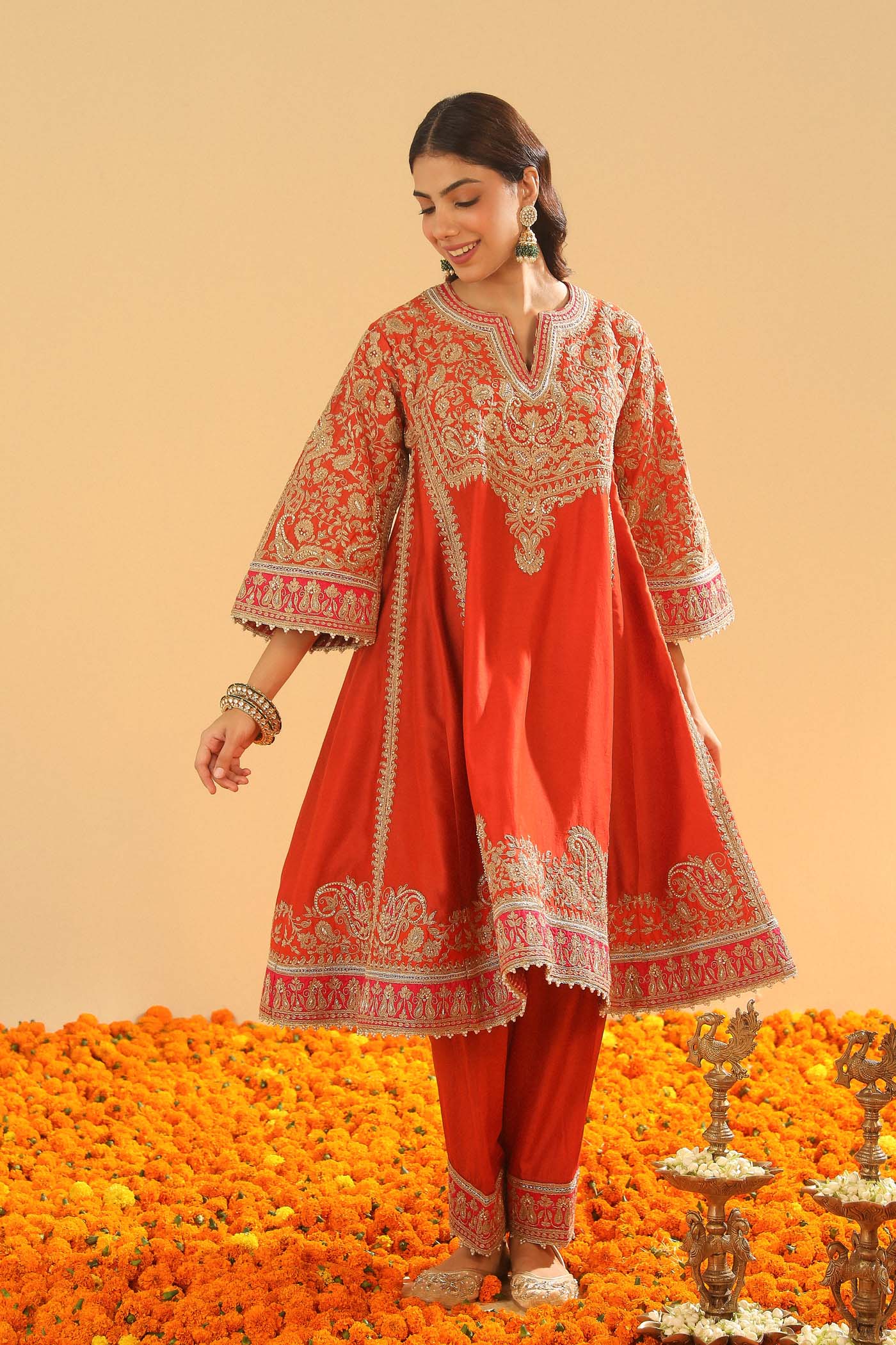 Irha - Burnt Orange Knee Length Kalidaar Chauga with Salwar (Lxrts)