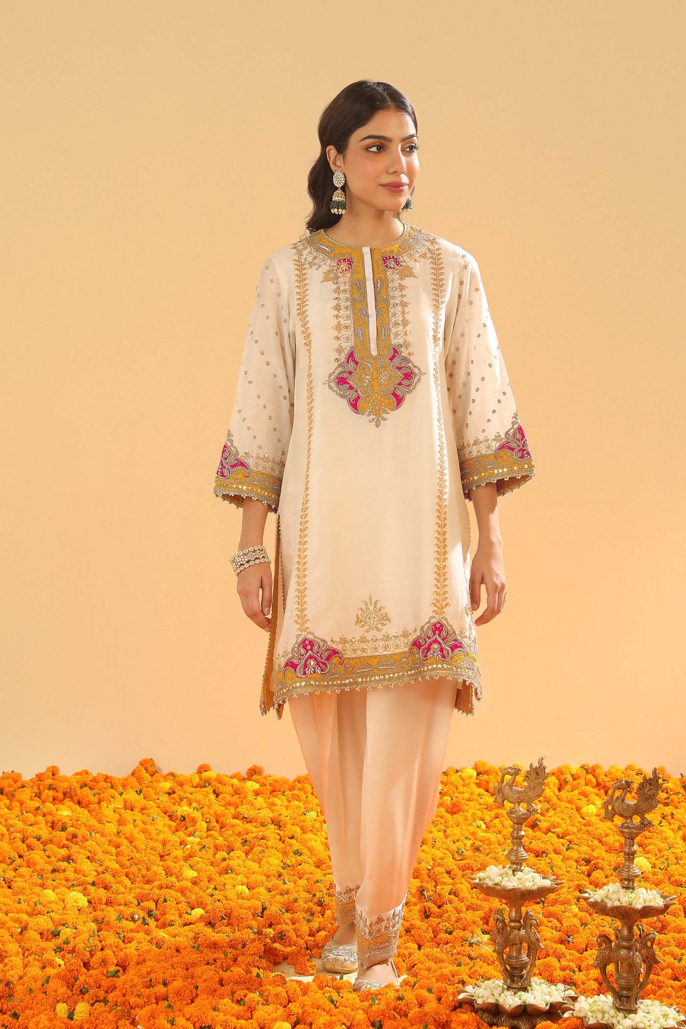 Ziana -  Daisy Ivory Short Straight Kurta with Salwar and Dupatta (Lxrts)