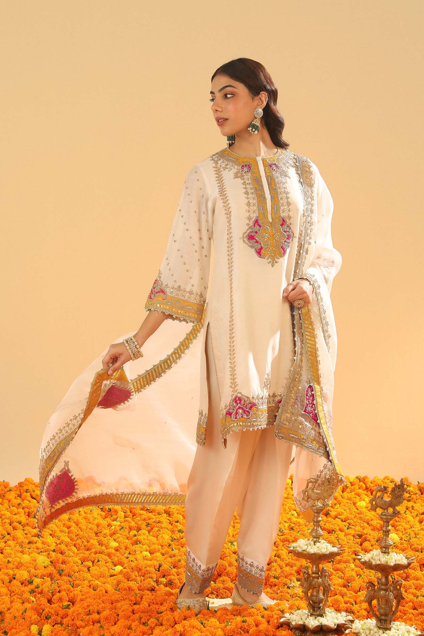 Ziana -  Daisy Ivory Short Straight Kurta with Salwar and Dupatta