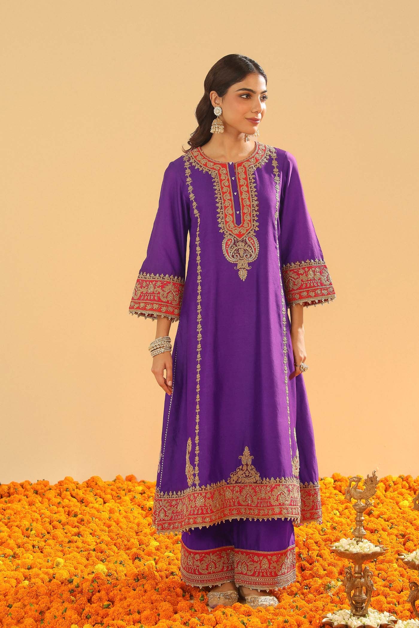 Maisha - Deep Purple Long A-line Kurta with Palazzo