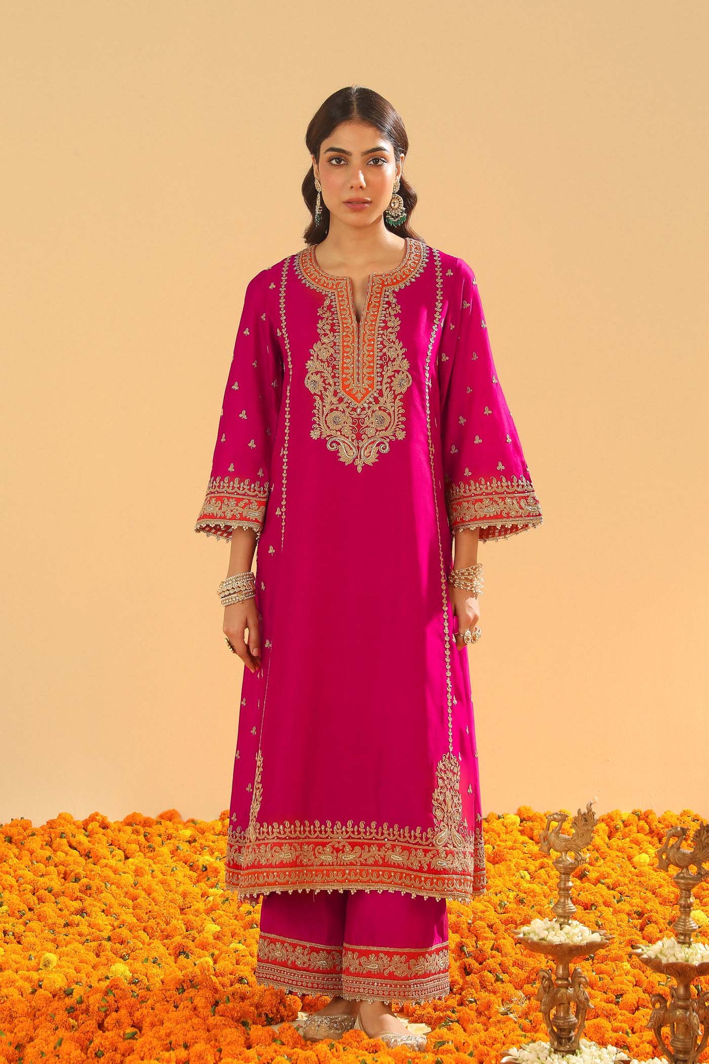 Aamish - Hotpink Long A-line Kurta with Palazzo