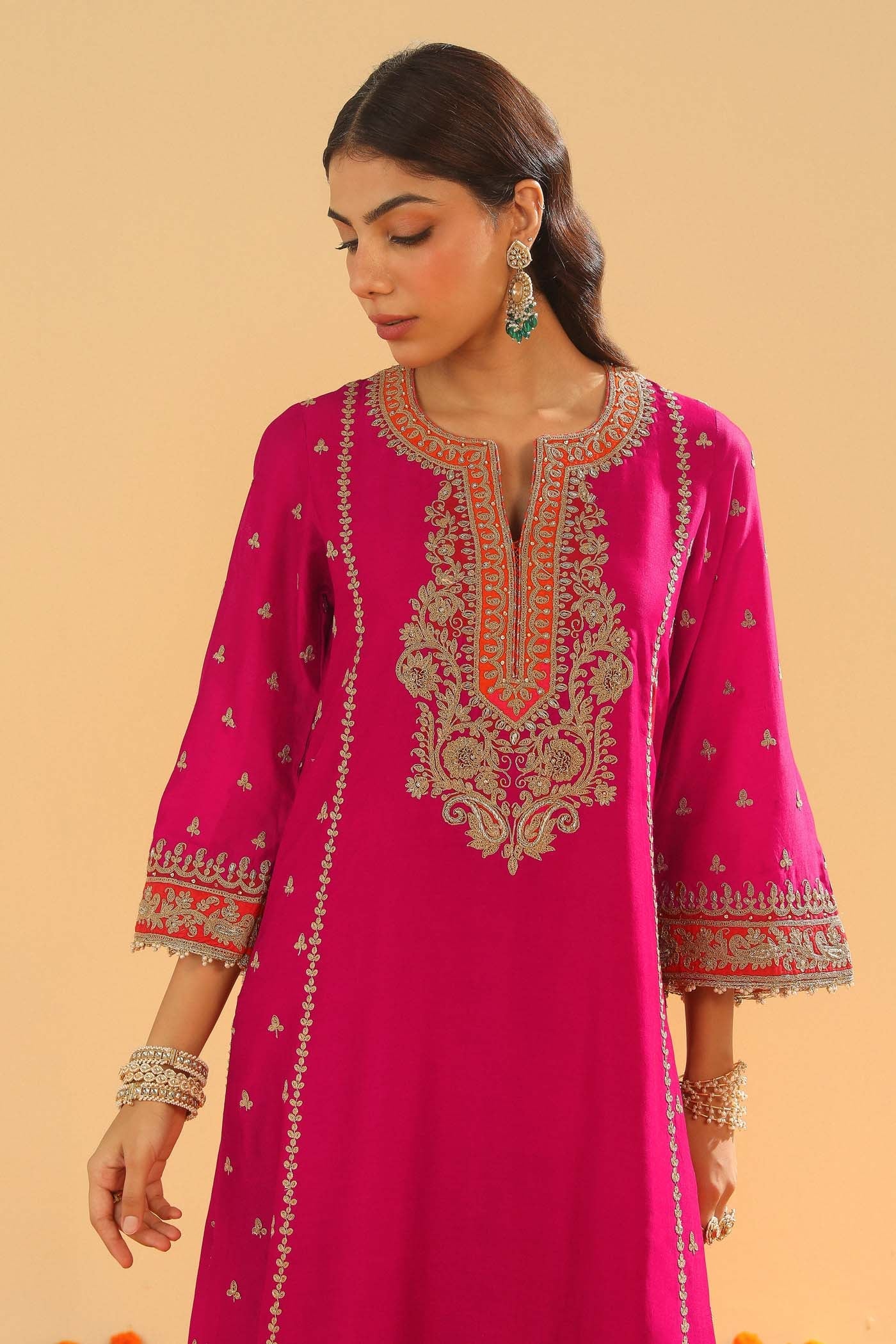 Aamish - Hotpink Long A-line Kurta with Palazzo (Lxrts)