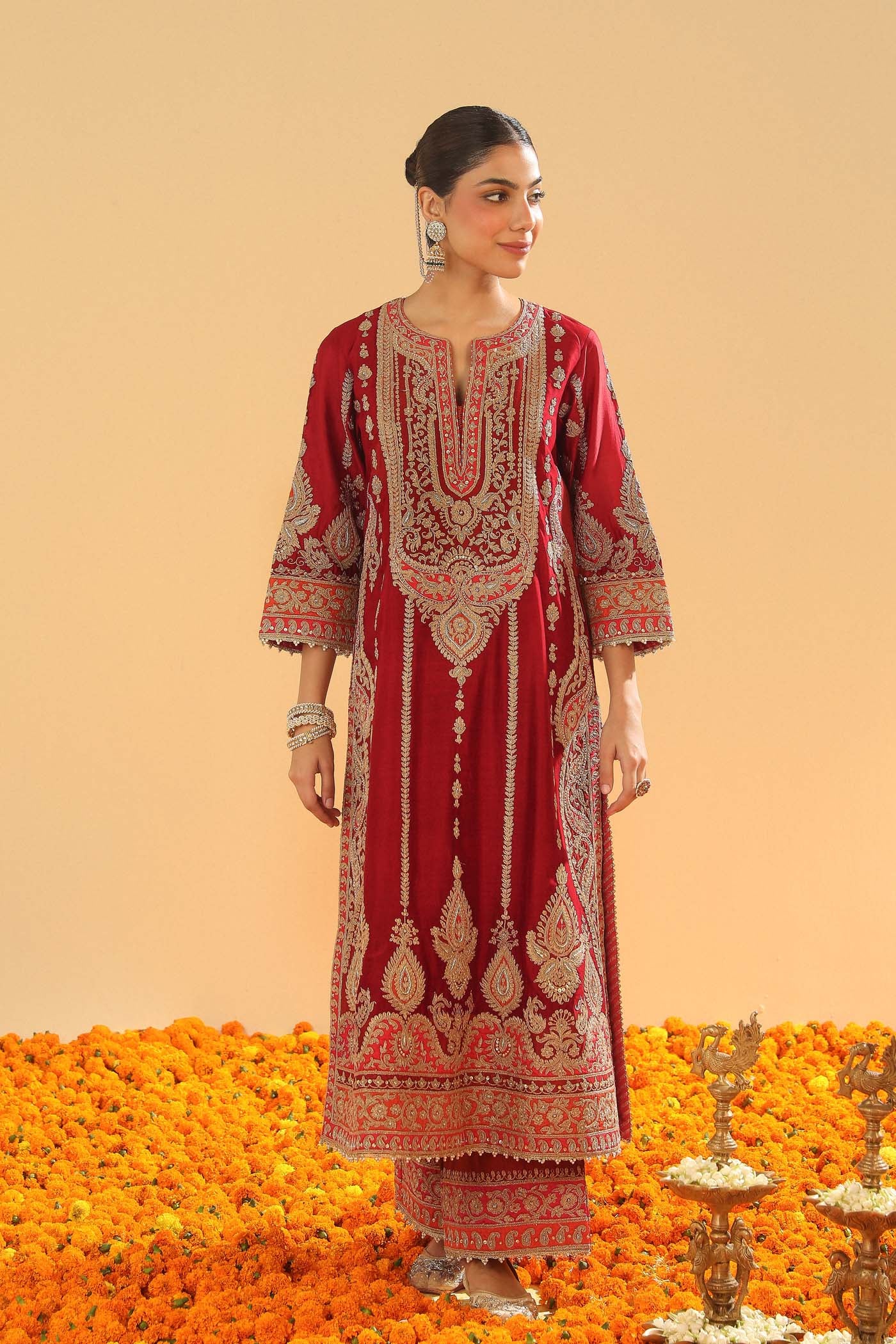 Rua - Deep Red Long A-line Kurta with Palazzo