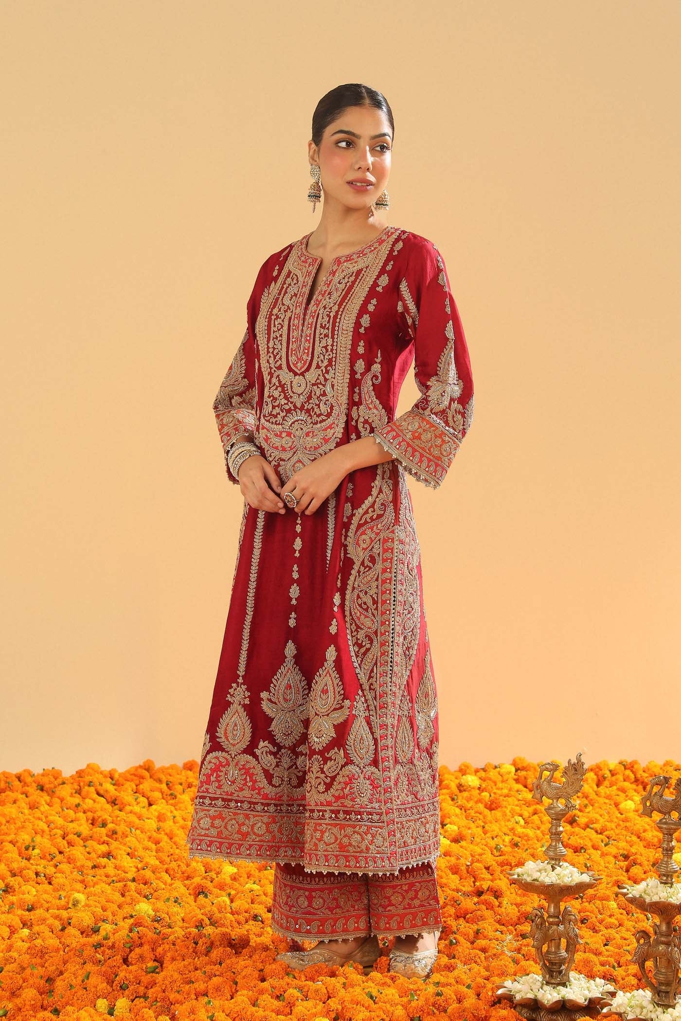 Rua - Deep Red Long A-line Kurta with Palazzo (Lxrts)