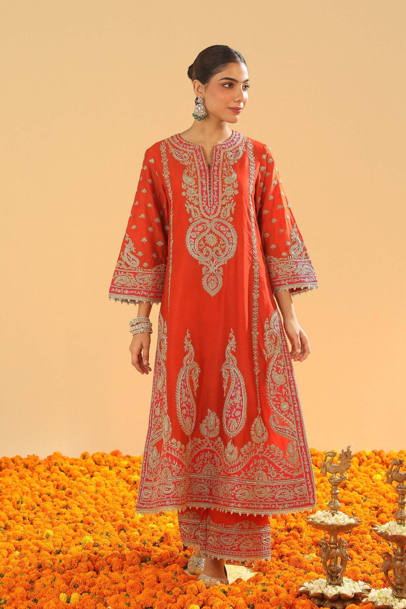 Misam - Burnt Orange Long A-line Kurta with Palazzo