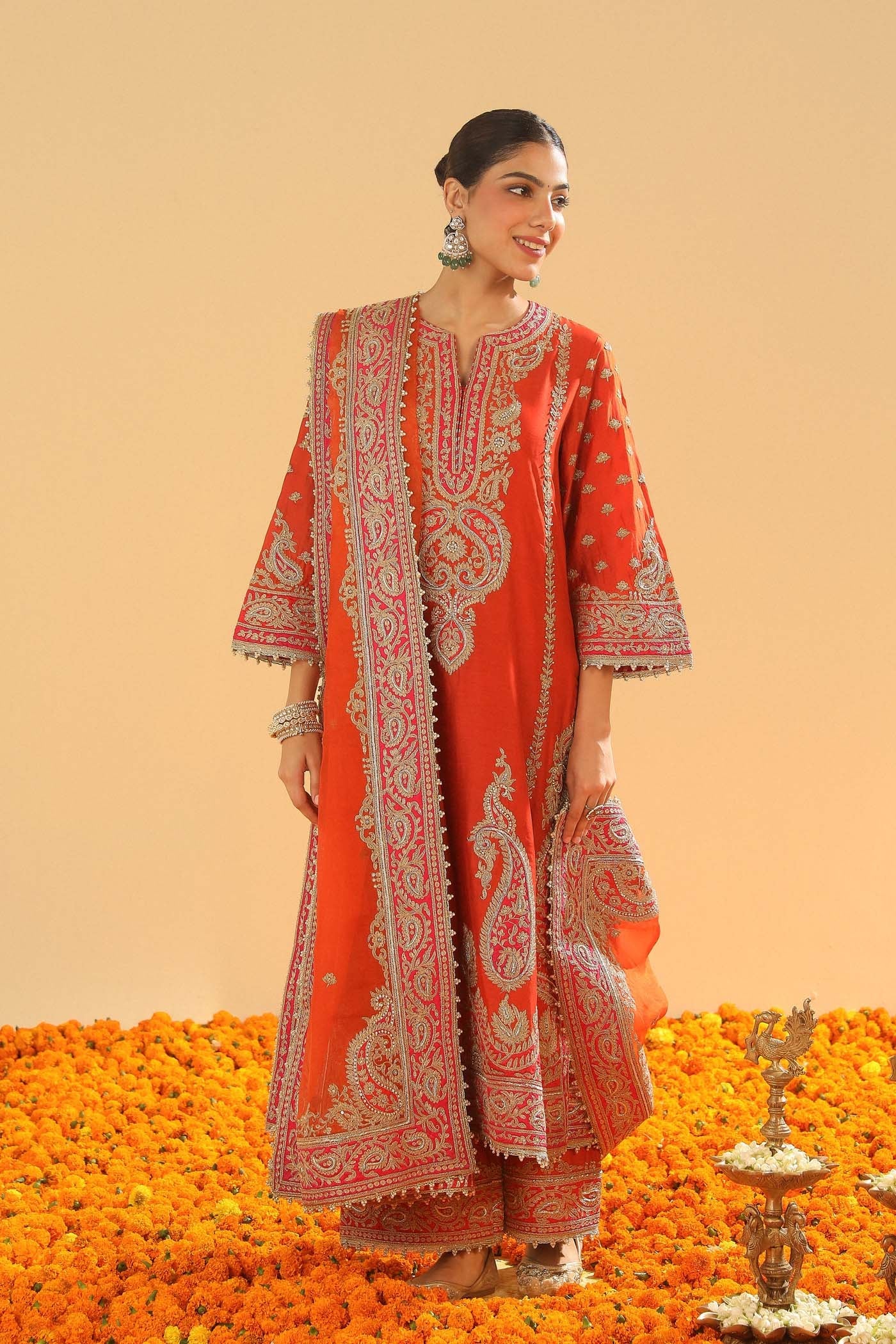 Misam - Burnt Orange Long A-line Kurta with Palazzo (Lxrts)
