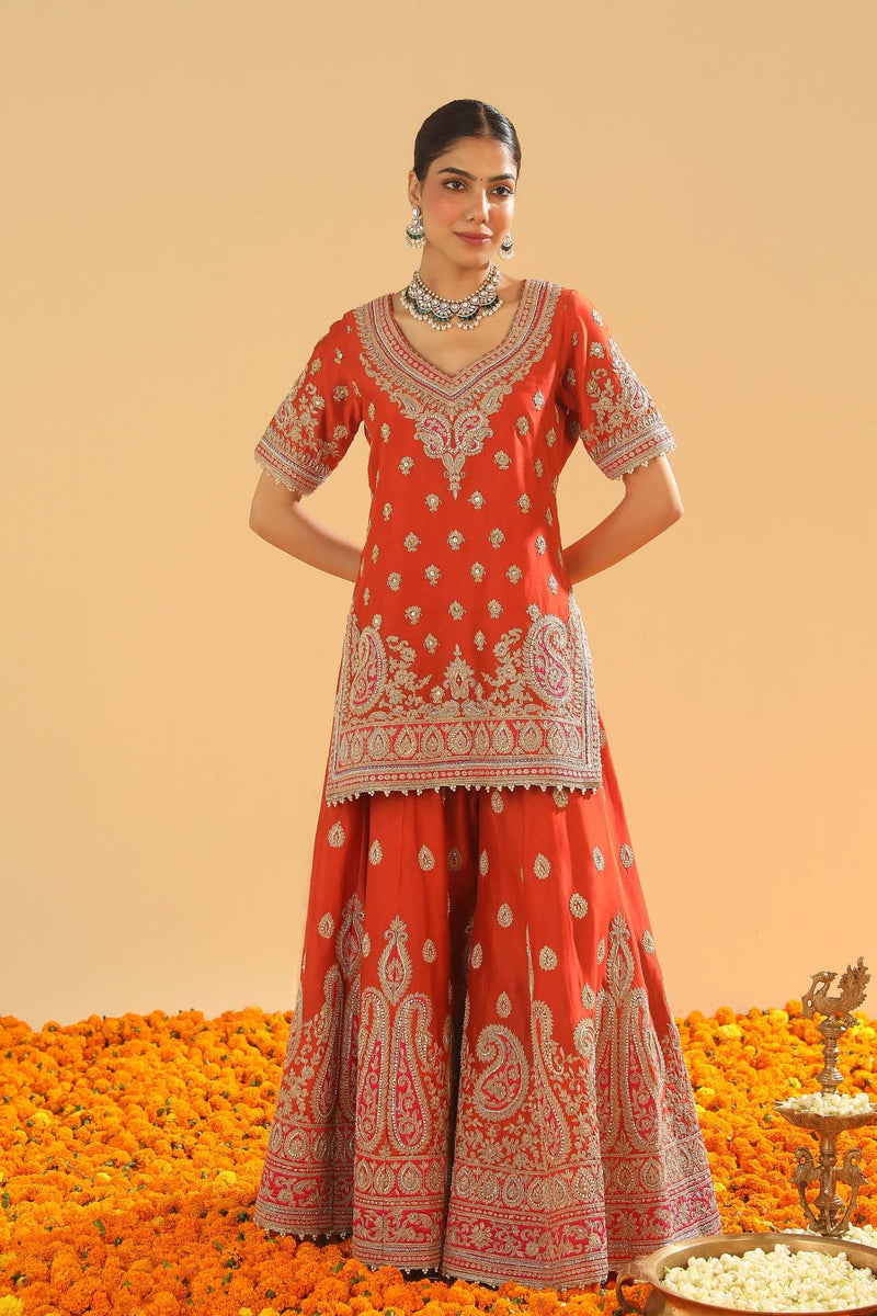 Shazfa - Burnt Orange Short Kurta with Sharara (Lxrts)