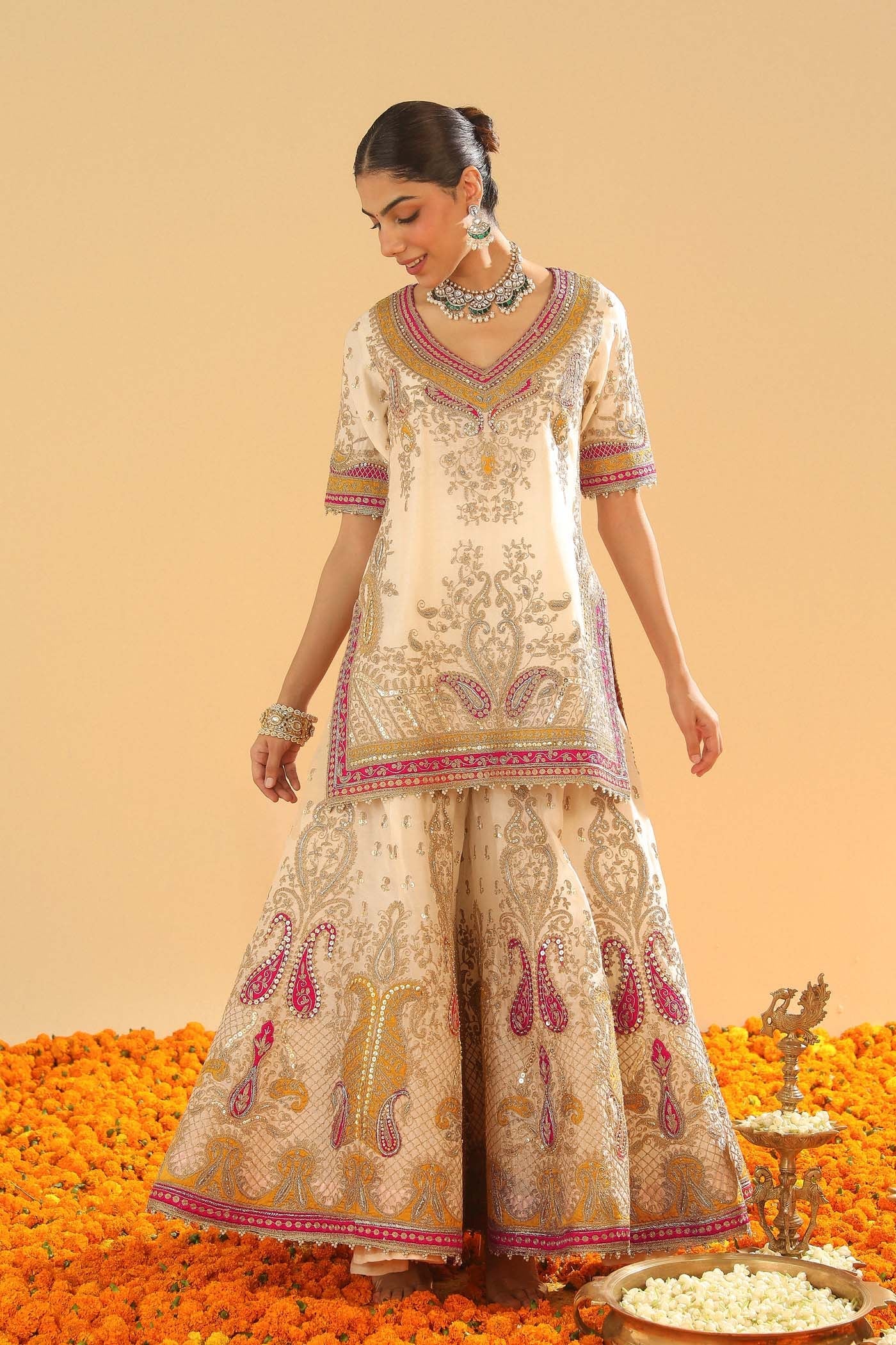 Sadiya - Daisy Ivory Short Kurta with Sharara (Lxrts)