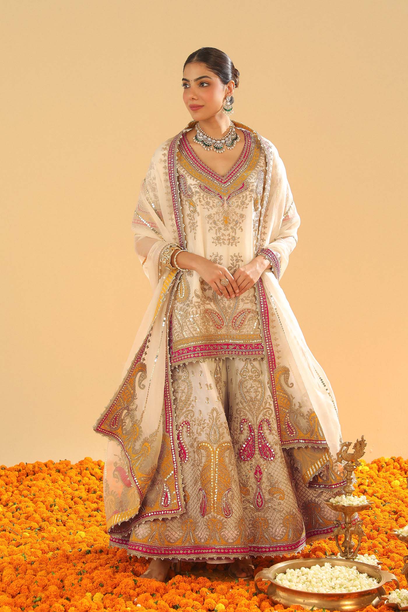 Sadiya - Daisy Ivory Short Kurta with Sharara (Lxrts)