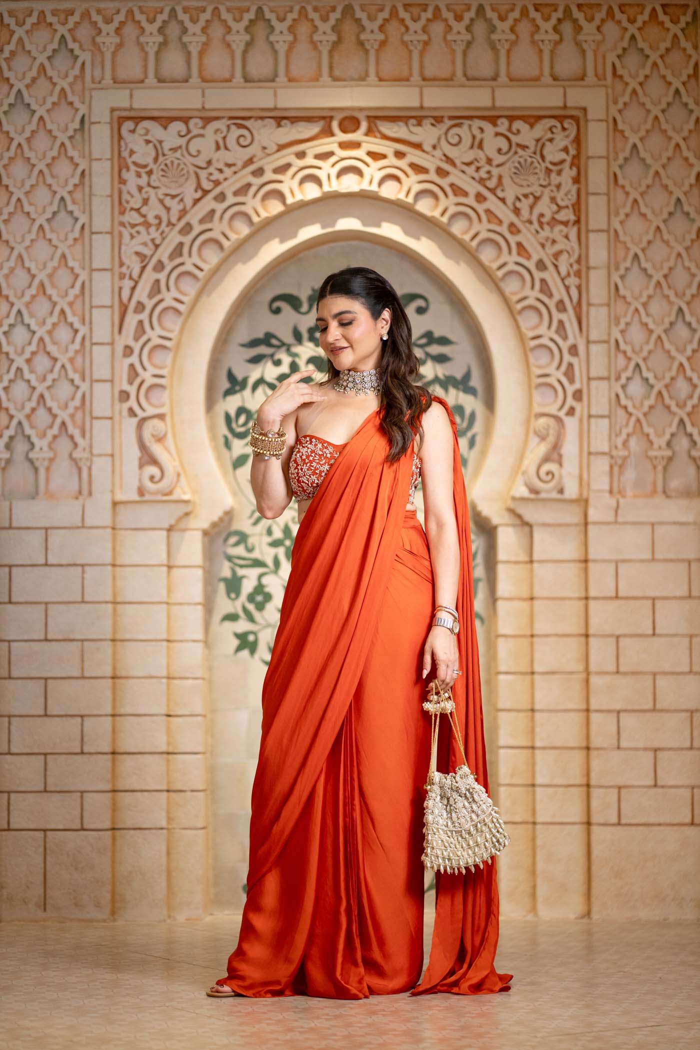 Khushnaz Turner In Rumaan - Burnt Orange Drape Saree Set