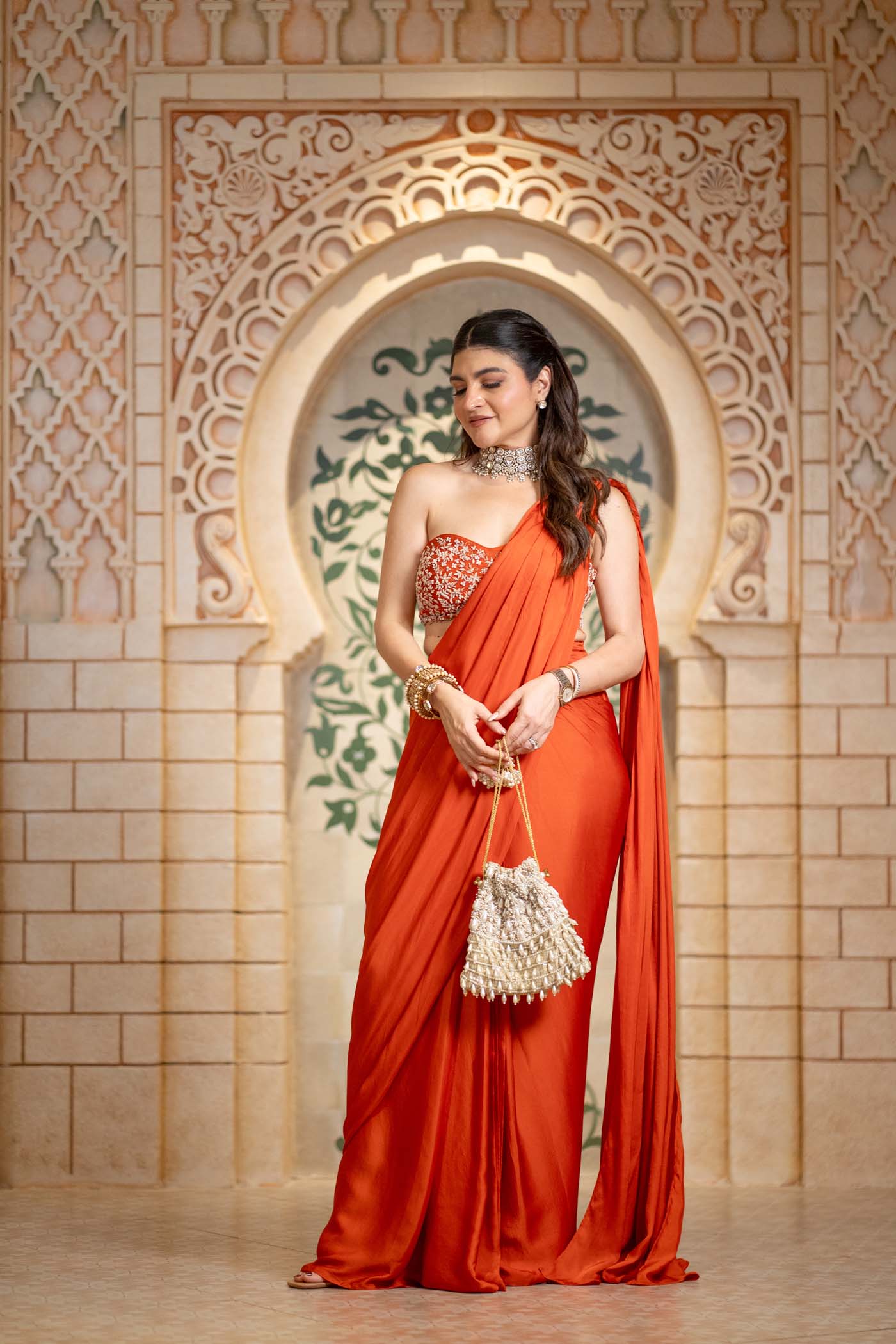 Khushnaz Turner In Rumaan - Burnt Orange Drape Saree Set