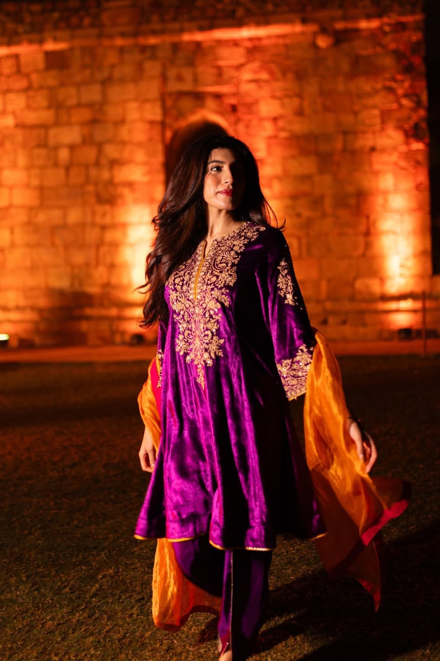 Suhana Nanda In Eira - Silk Velvet Deep Purple A-line Kurta with Dhoti