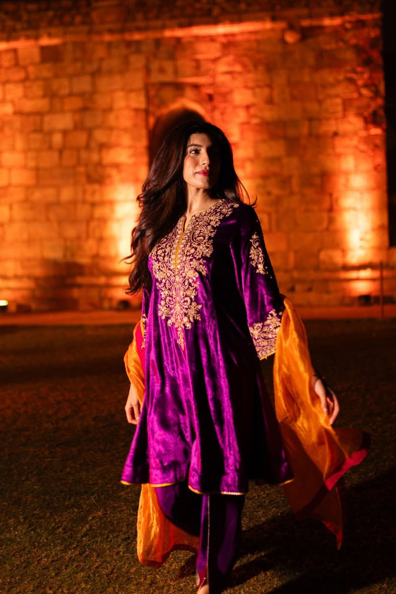 Suhana Nanda In Eira - Silk Velvet Deep Purple A-line Kurta with Dhoti
