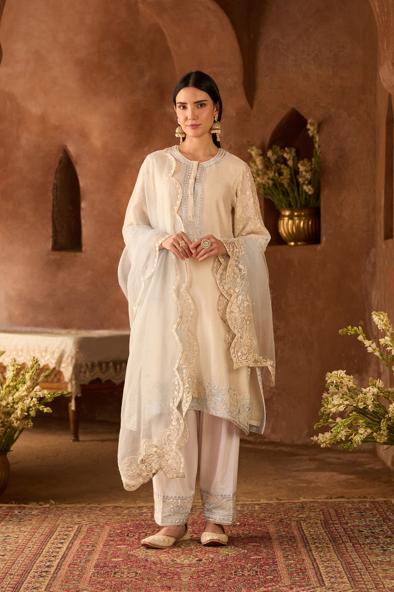 ANAM - DAISY IVORY WITH BLUE A-LINE KURTA WITH SALWAR AND DUPATTA