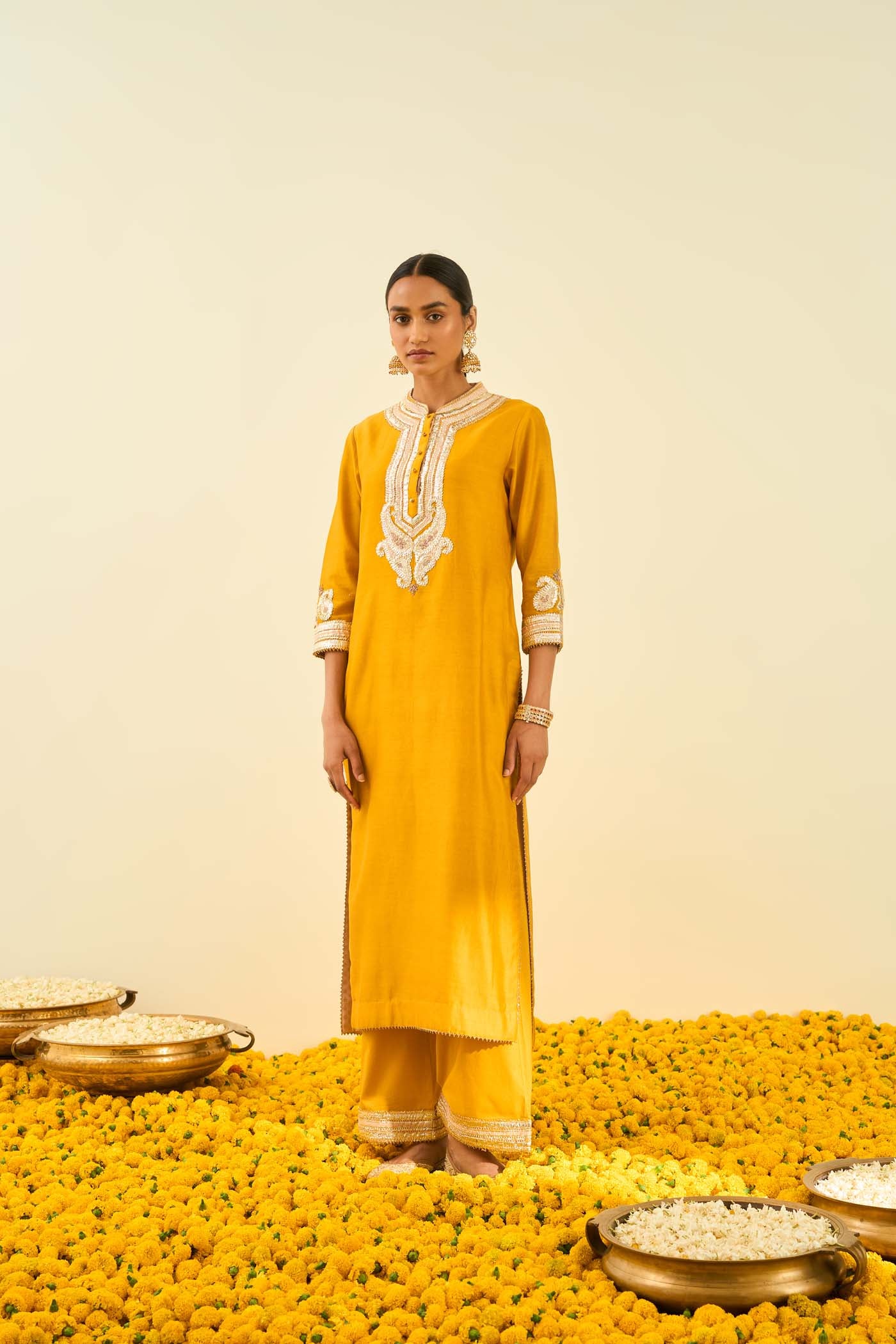 Arisah- Glaze Mustard straight long kurta with palazzo