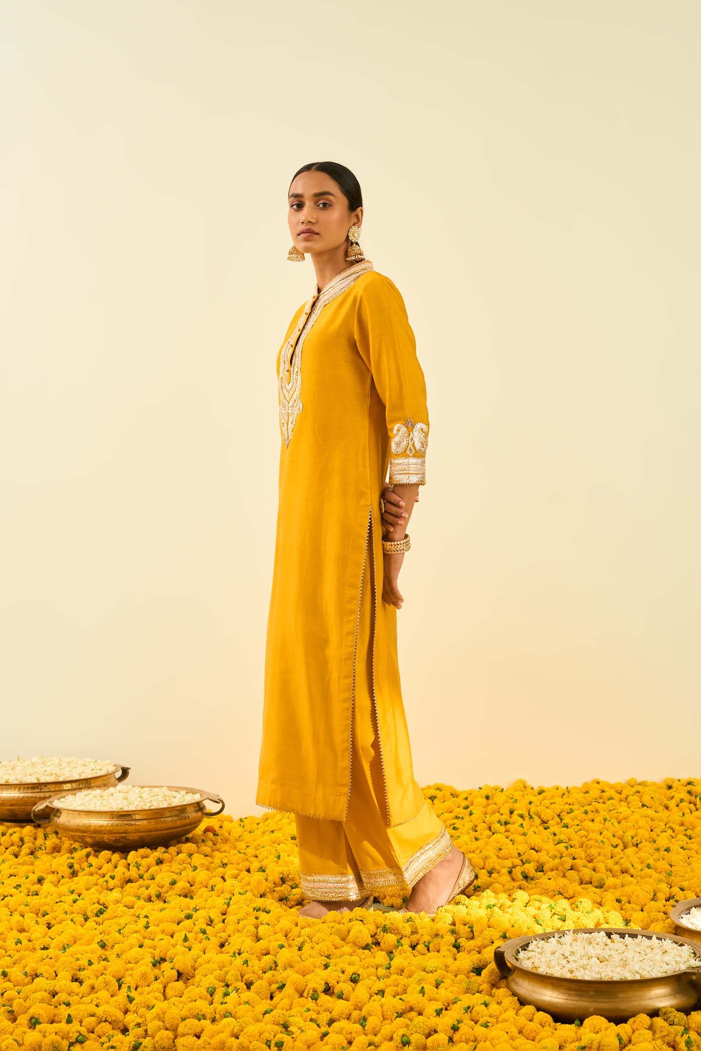 Arisah- Glaze Mustard straight long kurta with palazzo