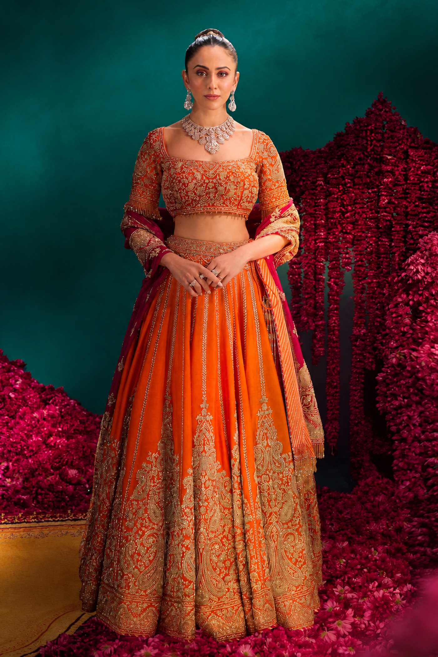 Rakulpreet Singh In Nagma  - Orange Lehenga Set with Blouse & Rani Hot Pink Dupatta