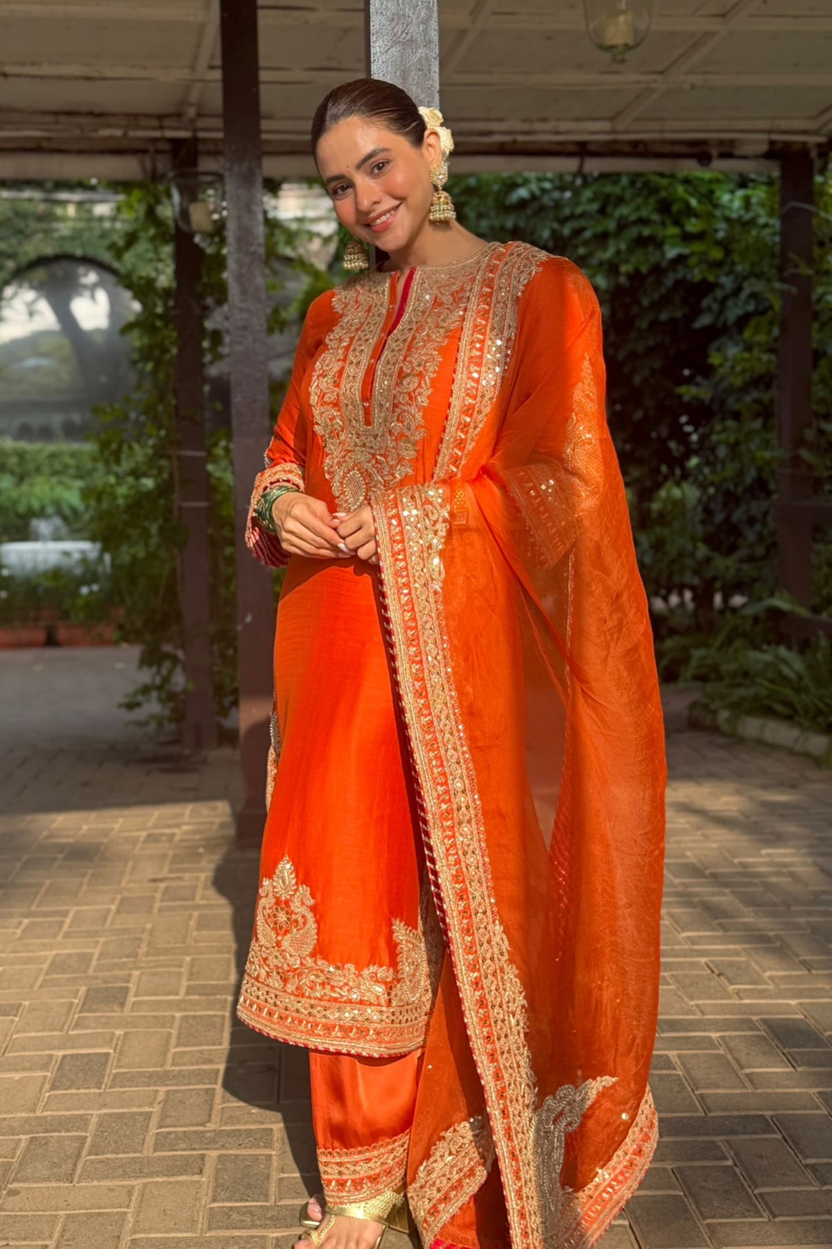 Aamna Sharif in Umaira - Burnt Orange Long Kurta Set with Salwar & Dupatta