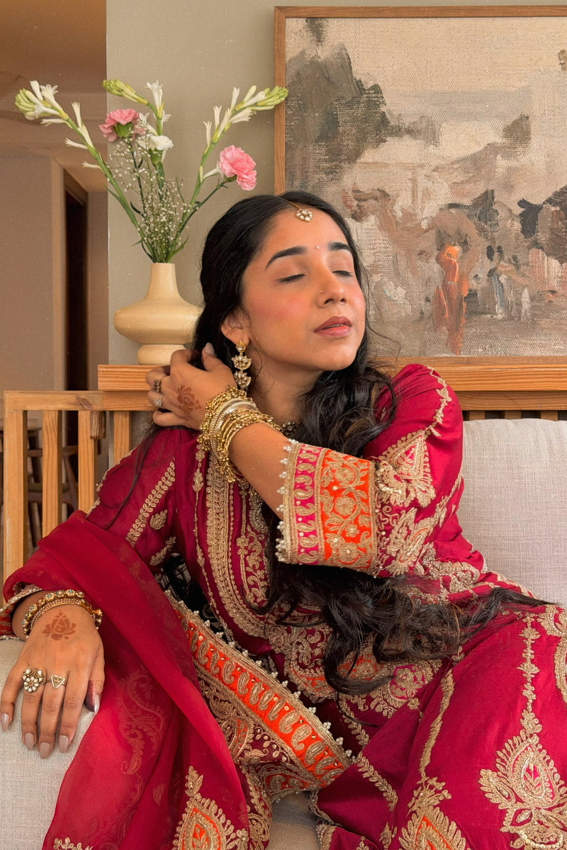 Maneet  Bedi  In Rua - Deep Red Long A-line Kurta with Palazzo