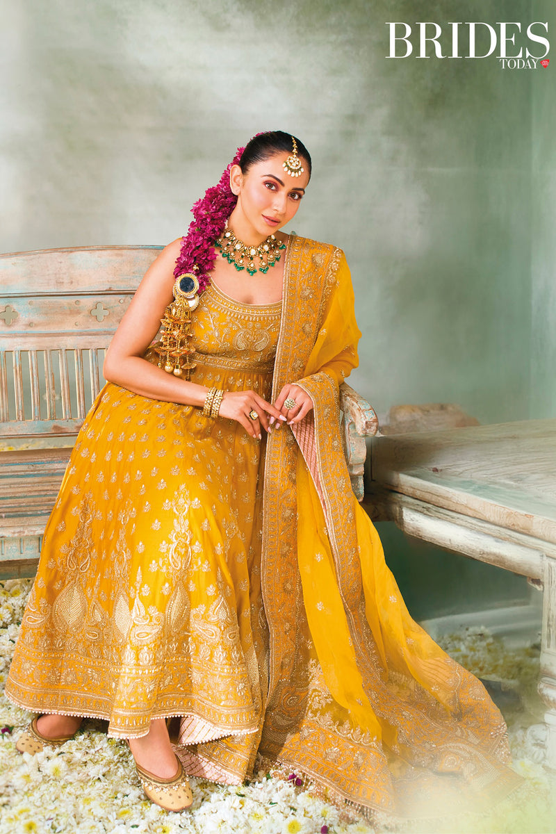 Rakul Preet Singh In Afraa - Mustard Anarkali Set with Palazzo & Dupatta