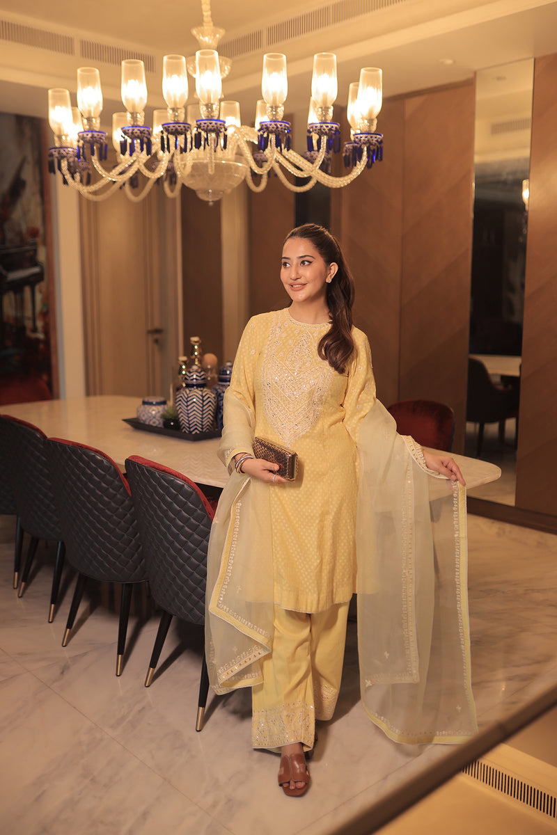 Tripiti Gulati  In Nida - Lemon Yellow  Short Choga With Farshi Salwar