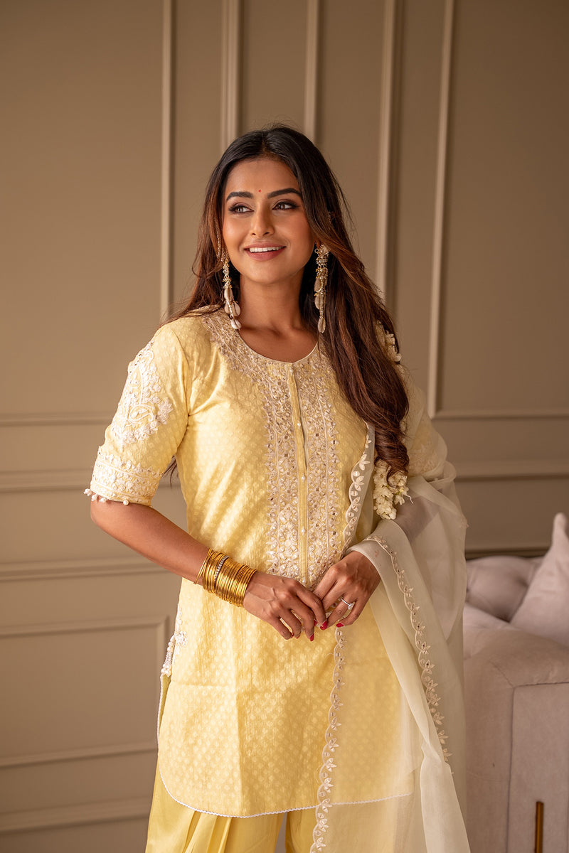 Pranwesha In Anaisha - Lemon Yellow Short Kurta With Farshi Salwar