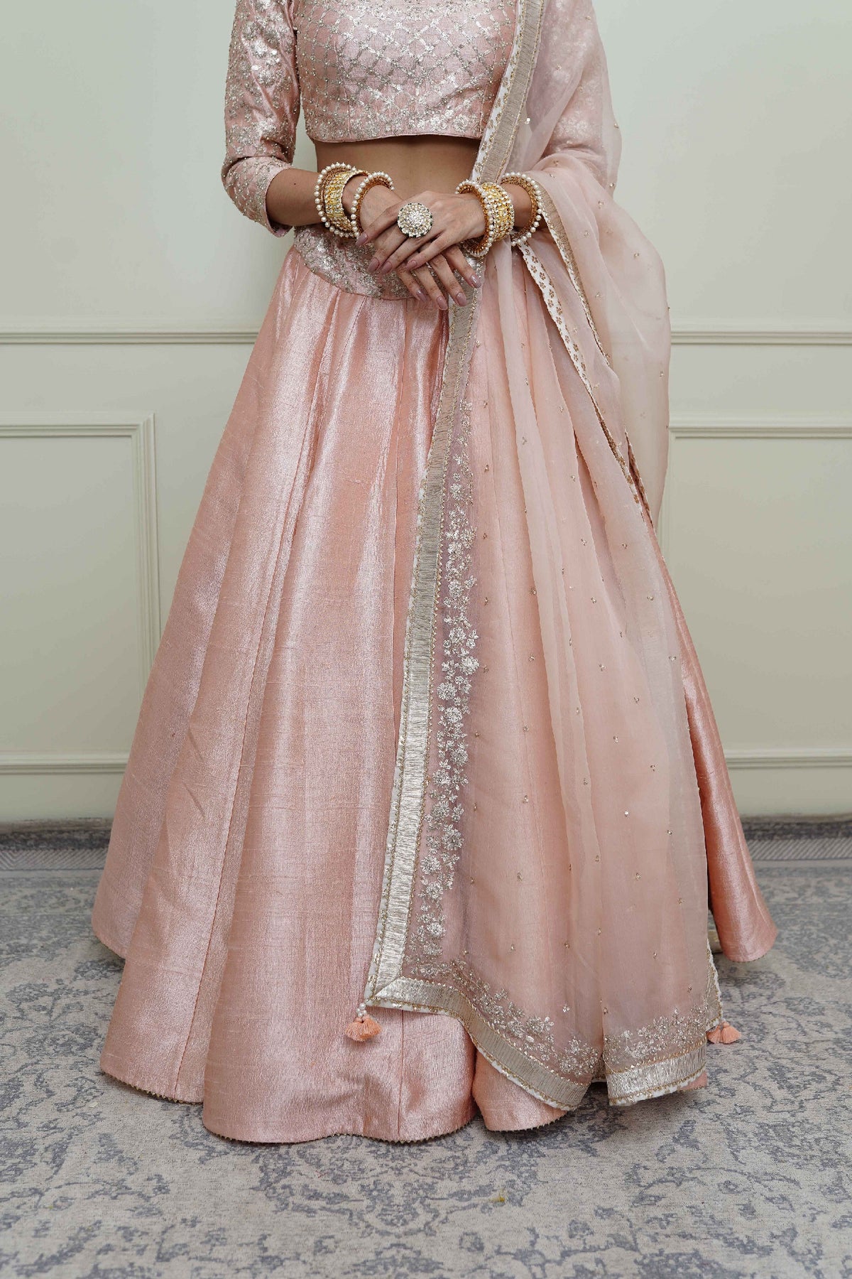 Aafiyah-Pearl Pink Tilla Embroidered Lehenga Set