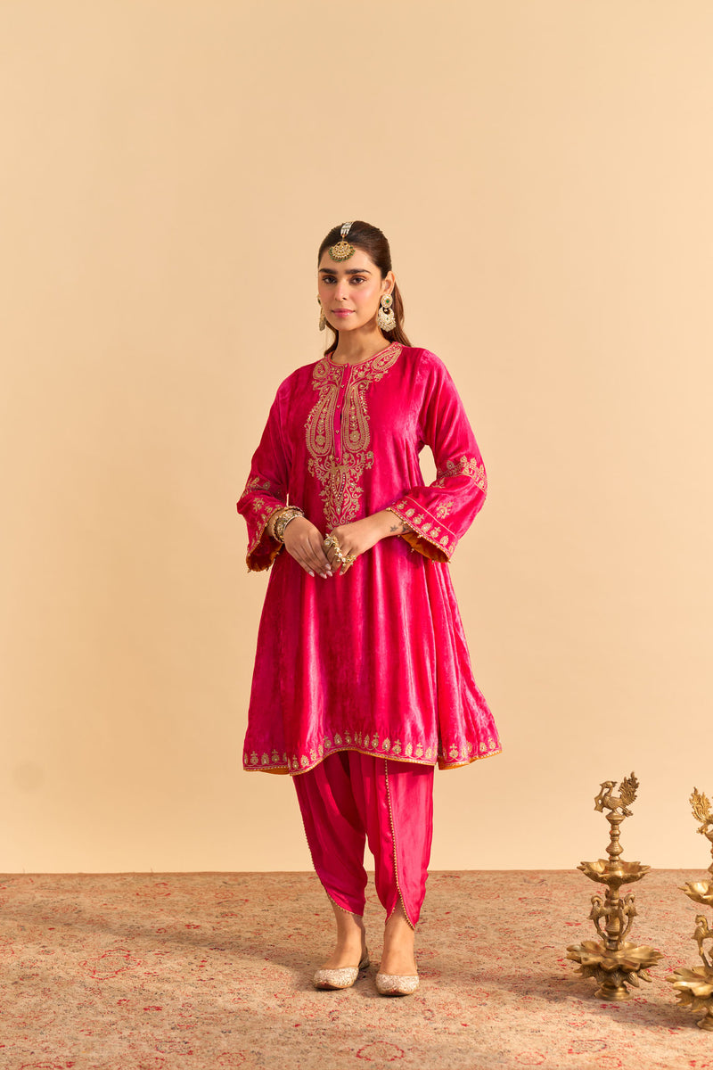 Amal - Silk Velvet Rani Hotpink A-line Kurta with Dhoti