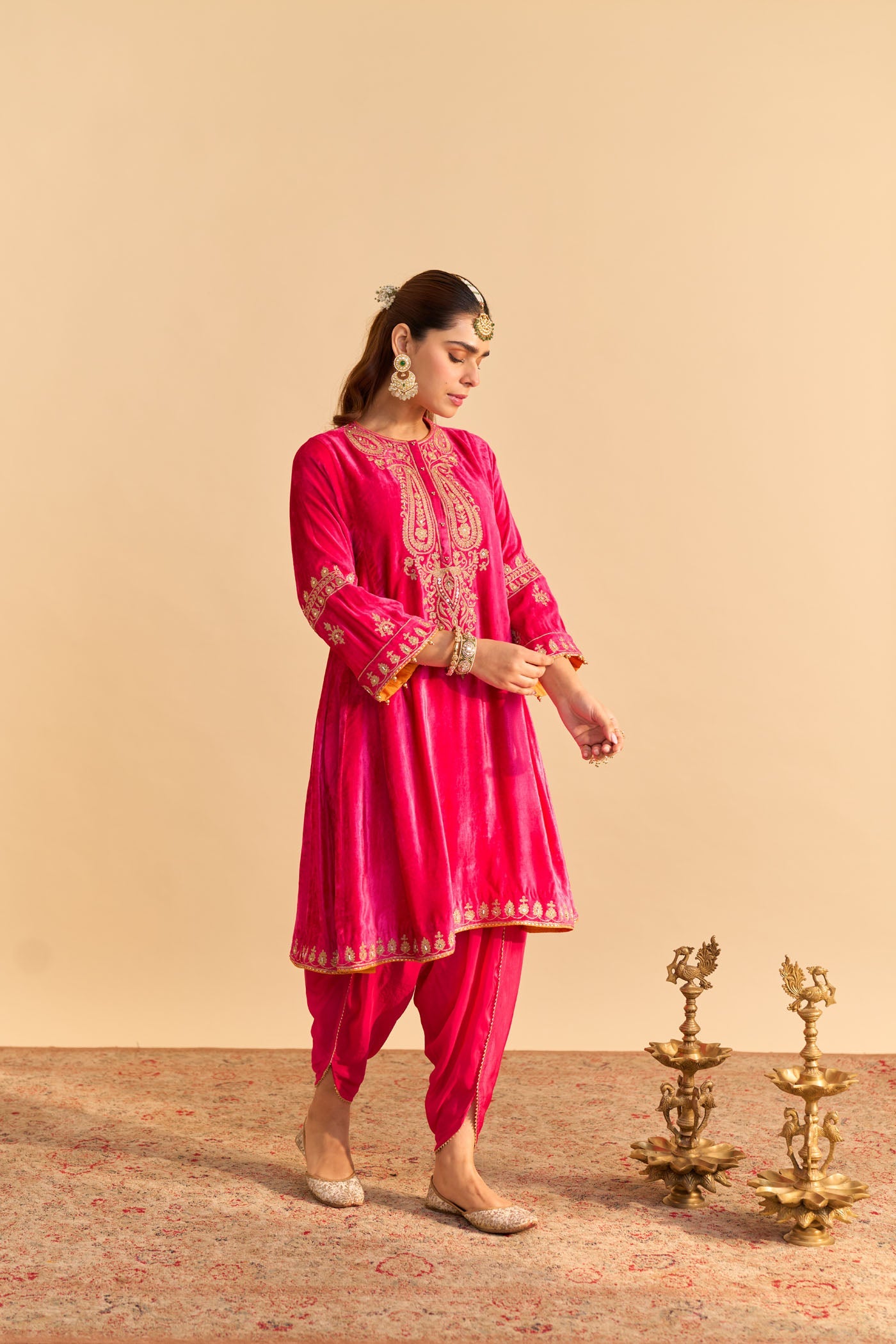 Amal - Silk Velvet Hotpink A-line Kurta with Dhoti (Lxrts)