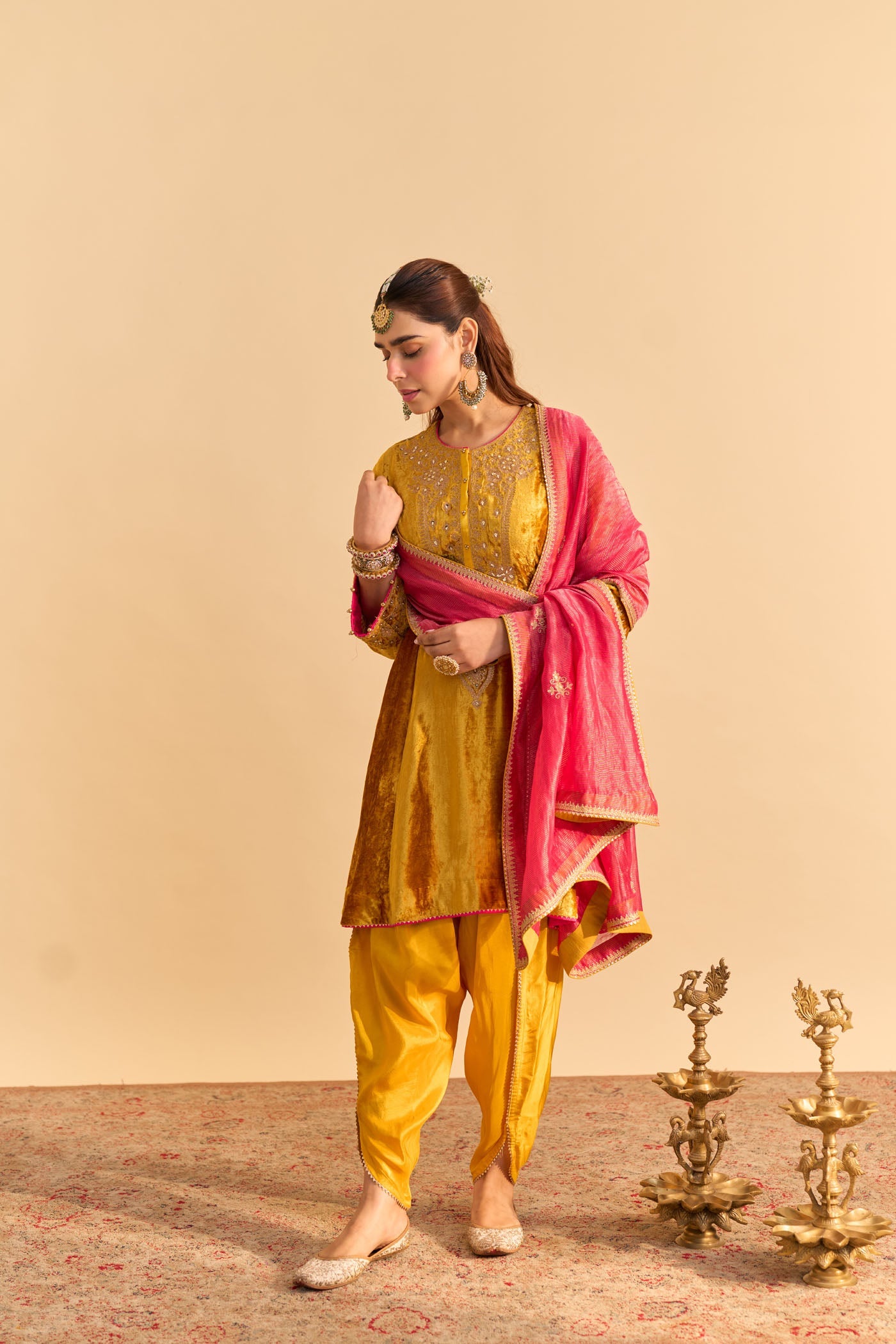 Laiba - Silk Velvet Heirloom Mustard A-line Kurta with Dhoti (Lxrts)