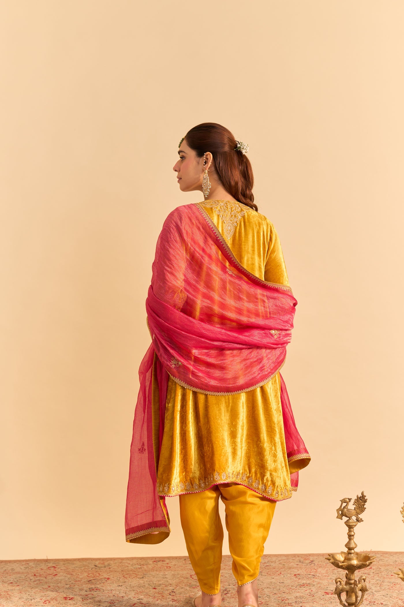 Amal - Silk Velvet Heirloom Mustard A-line Kurta with Dhoti (Lxrts)