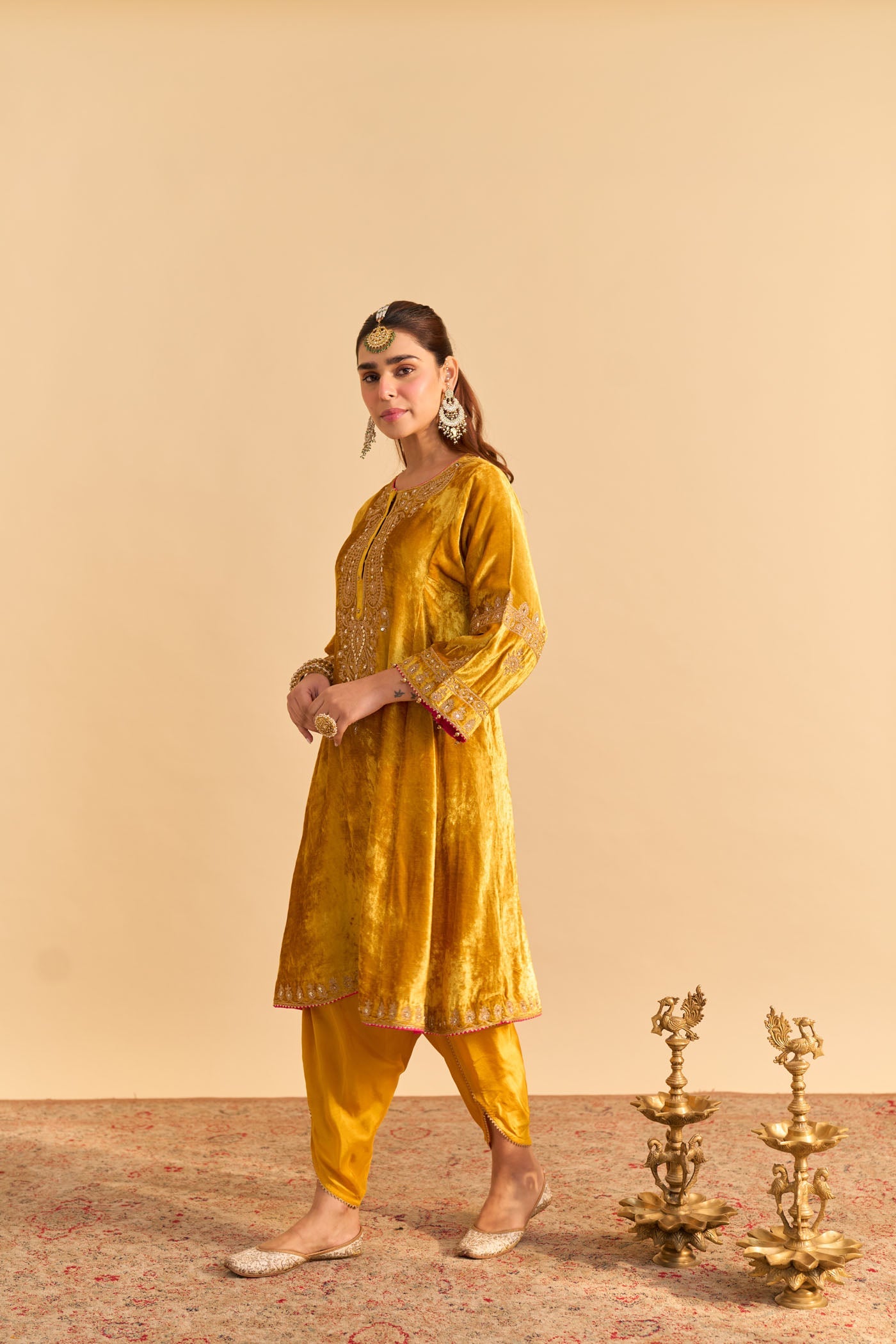 Amal - Silk Velvet Heirloom Mustard A-line Kurta with Dhoti (Lxrts)