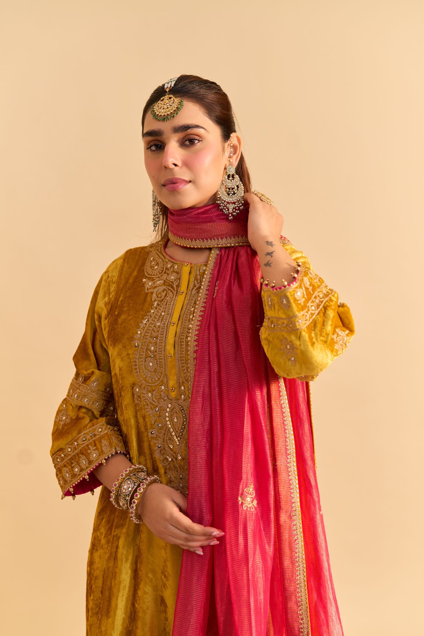 Amal - Silk Velvet Heirloom Mustard A-line Kurta with Dhoti (Lxrts)