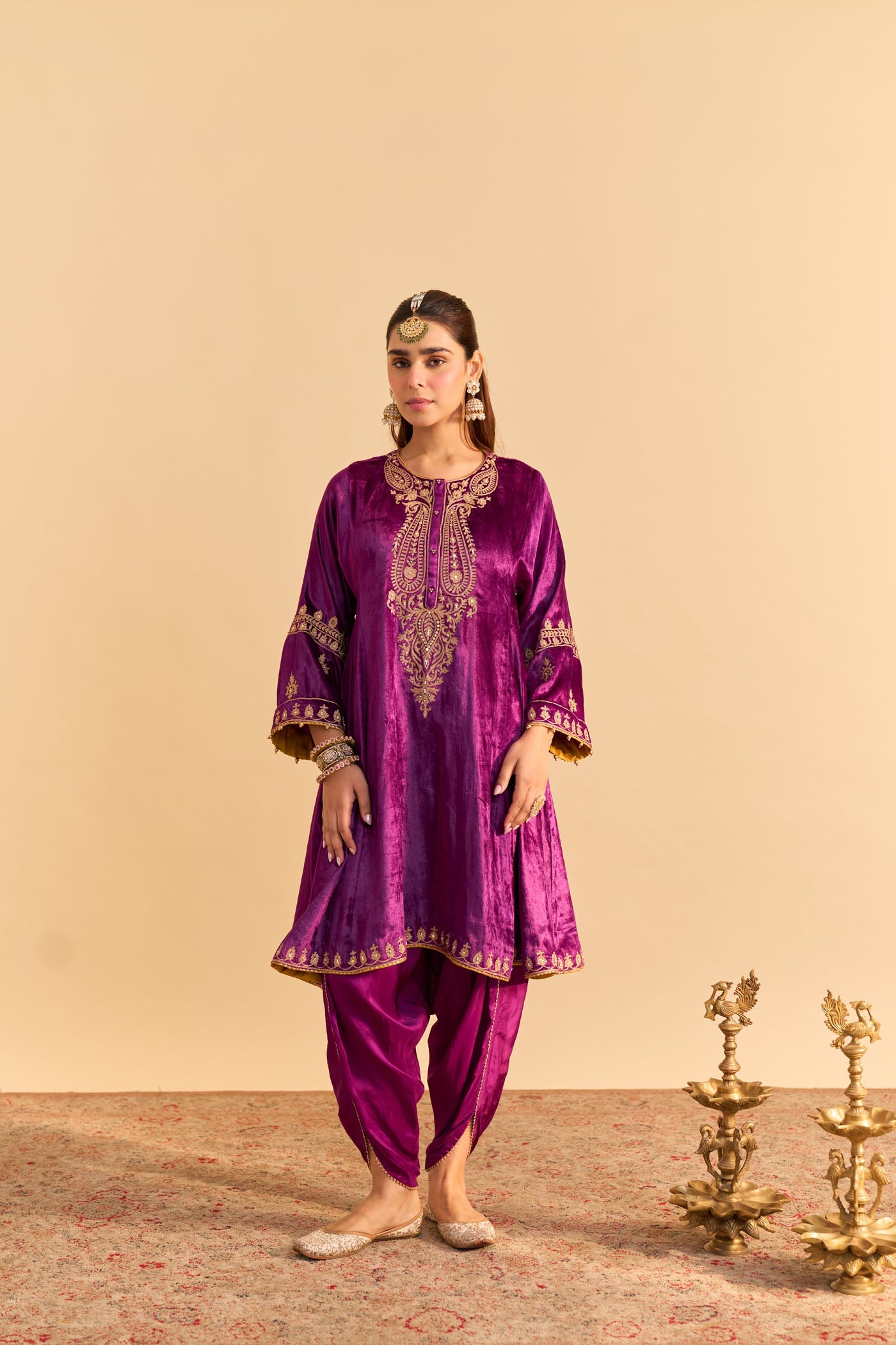 Amal - Silk Velvet Deep Purple A-line Kurta with Dhoti (Lxrts)