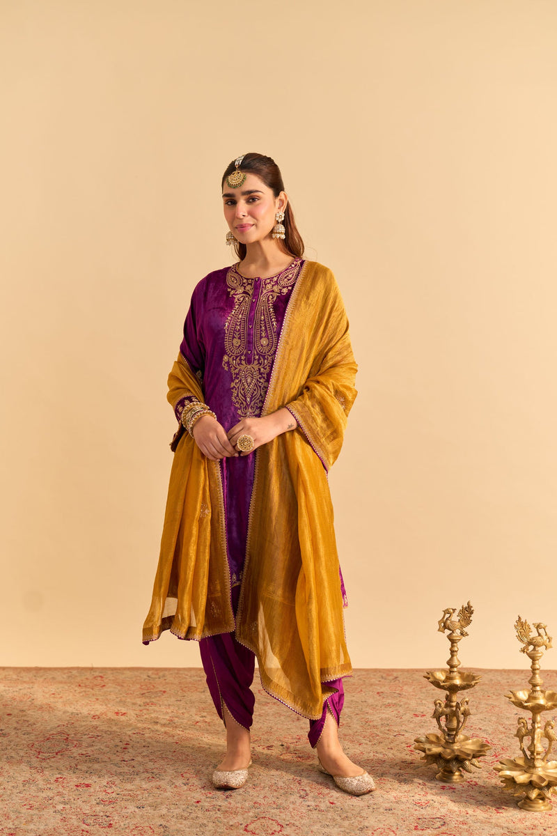 Amal - Silk Velvet Deep Purple A-line Kurta with Dhoti (Lxrts)