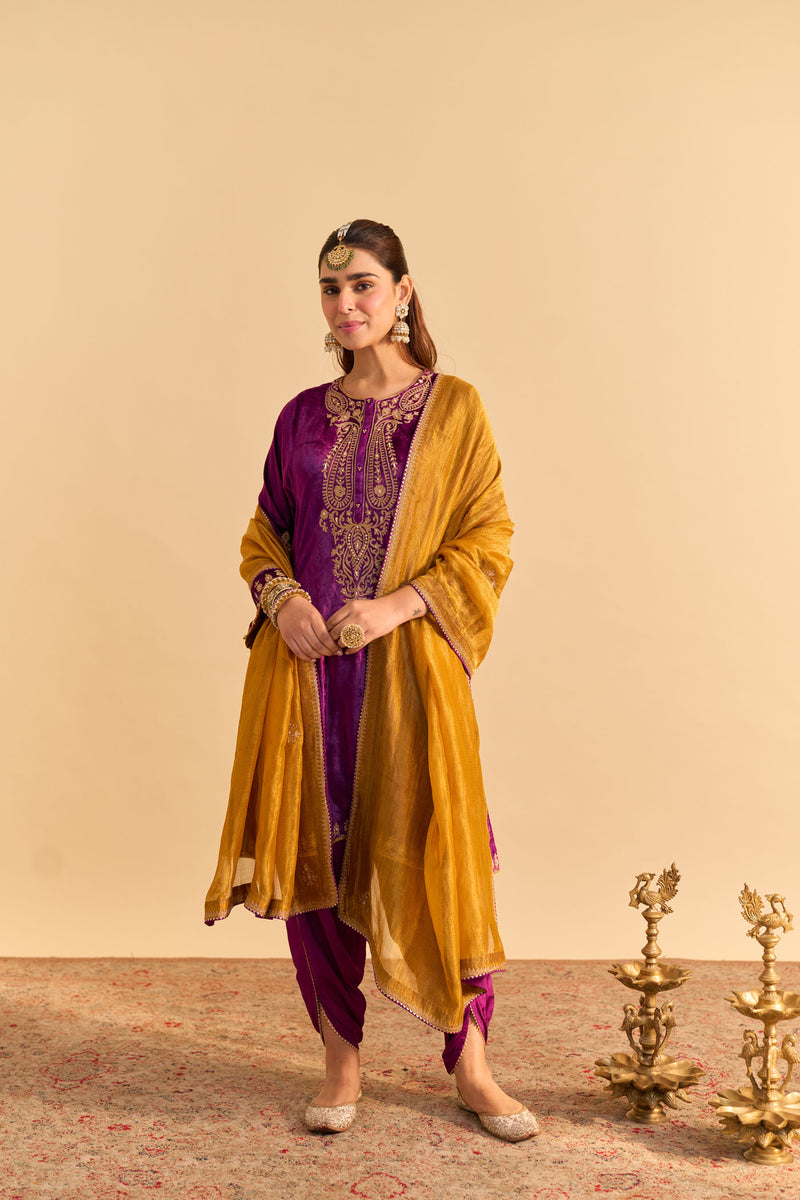 Amal - Silk Velvet Deep Purple A-line Kurta with Dhoti
