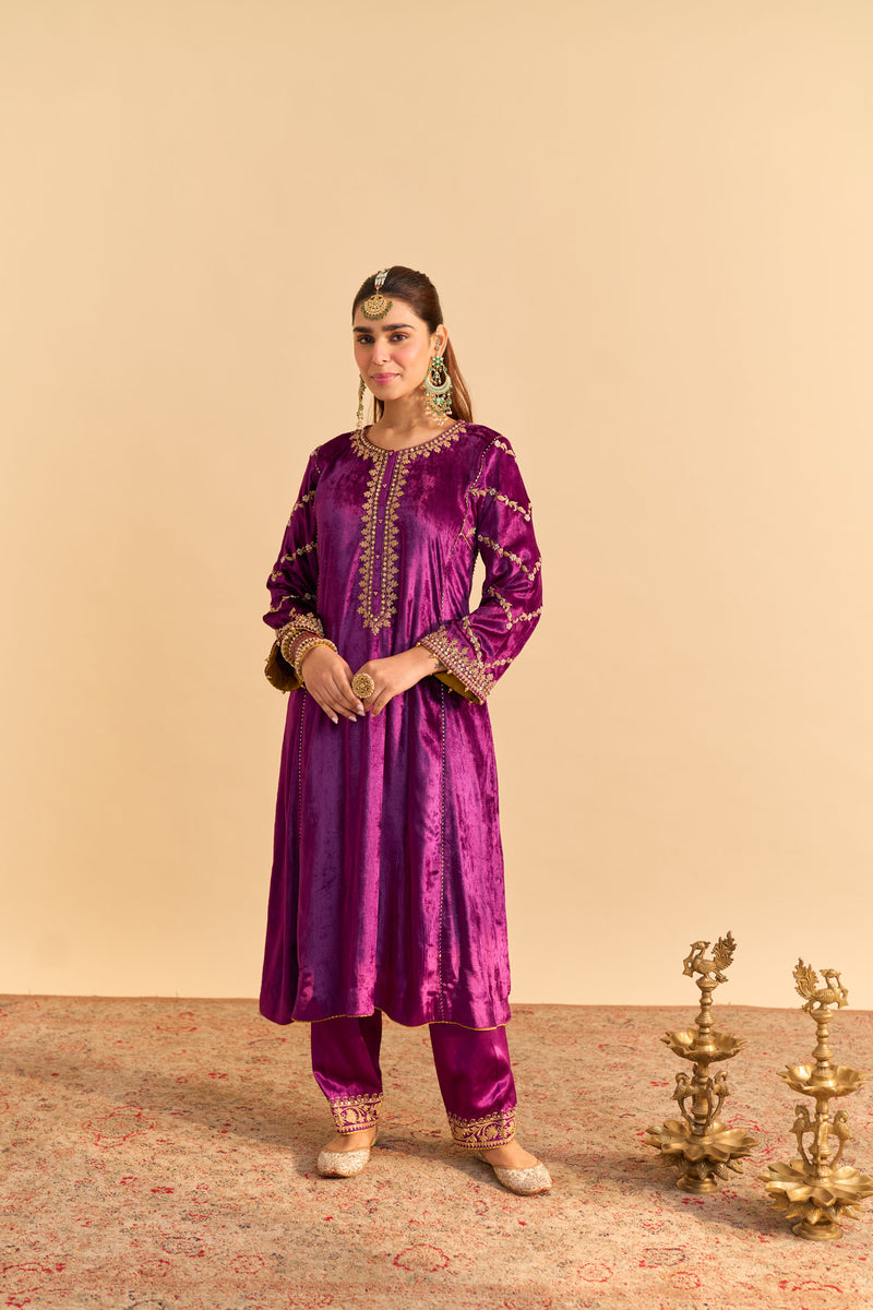 Azmiya - Silk Velvet Deep Purple Chauga with Salwar
