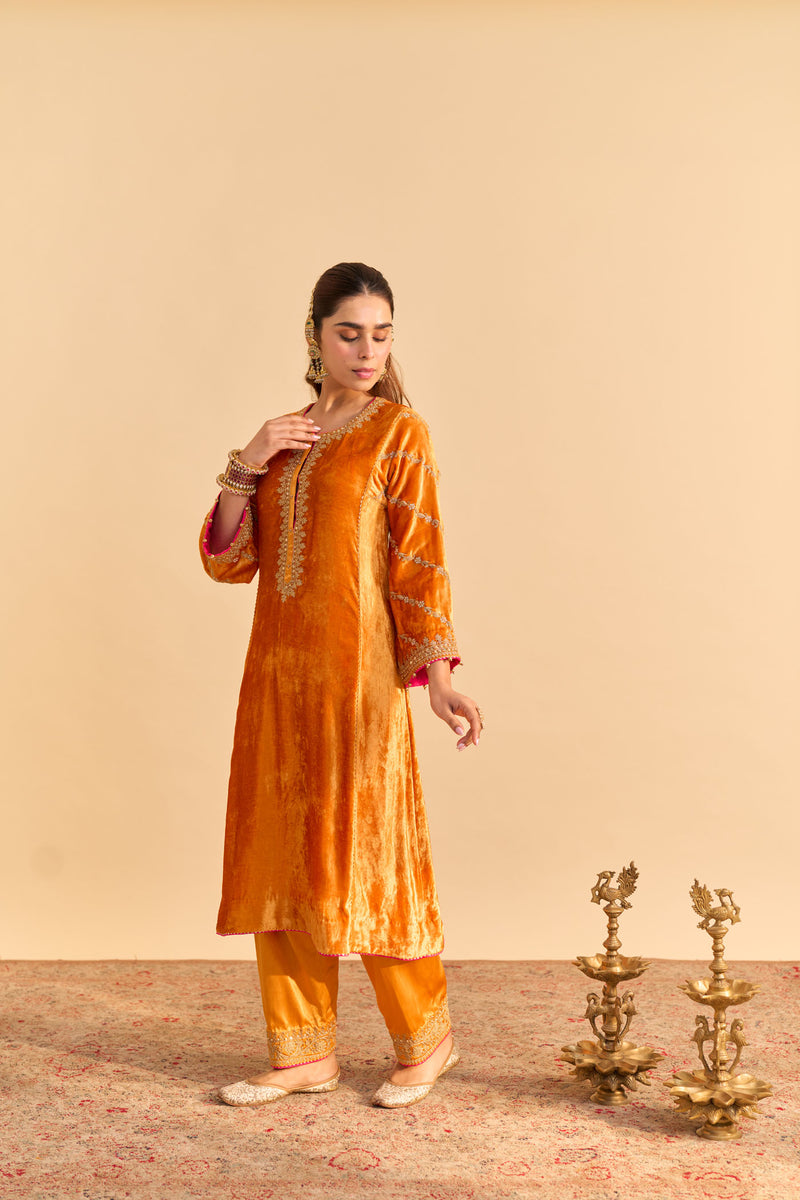 Azmiya - Silk Velvet Orange Chauga with Salwar