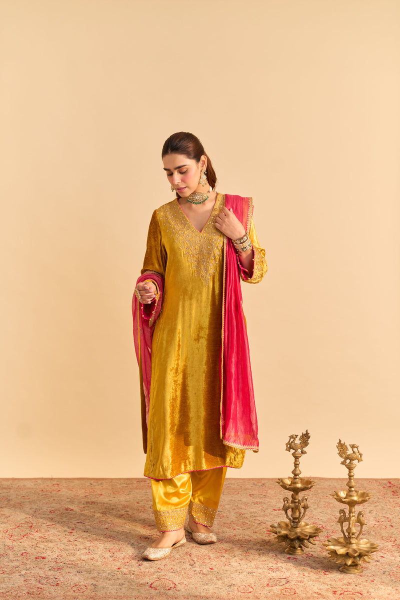 Aynaz - Silk Velvet Heirloom Mustard Kurta with Salwar