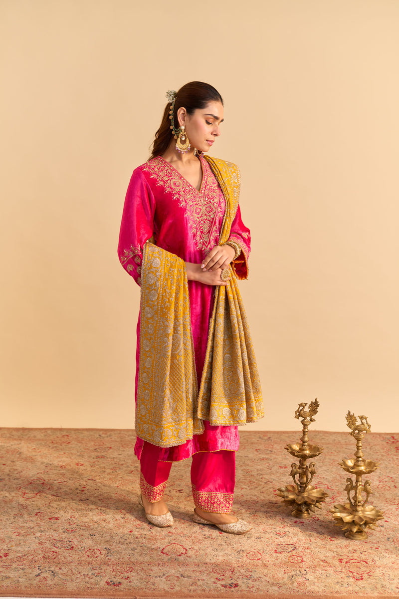 Aynaz - Silk Velvet Rani Hotpink Kurta with Salwar