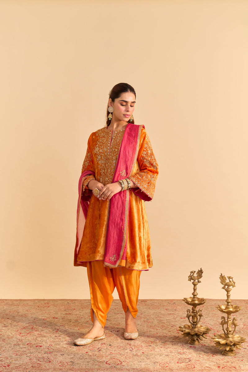 Eira - Silk Velvet Orange A-line Kurta with Dhoti