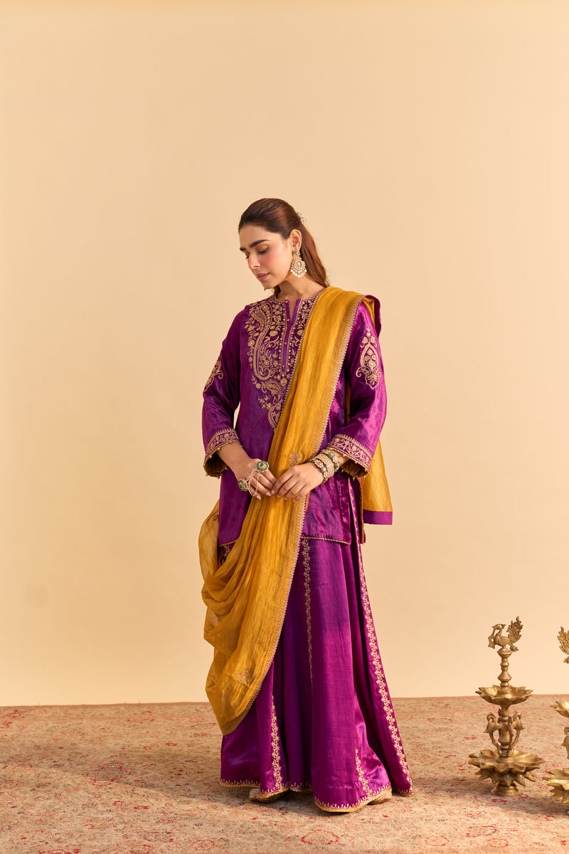 Aroob - Silk Velvet Deep Purple Kurta with Sharara and Dupatta