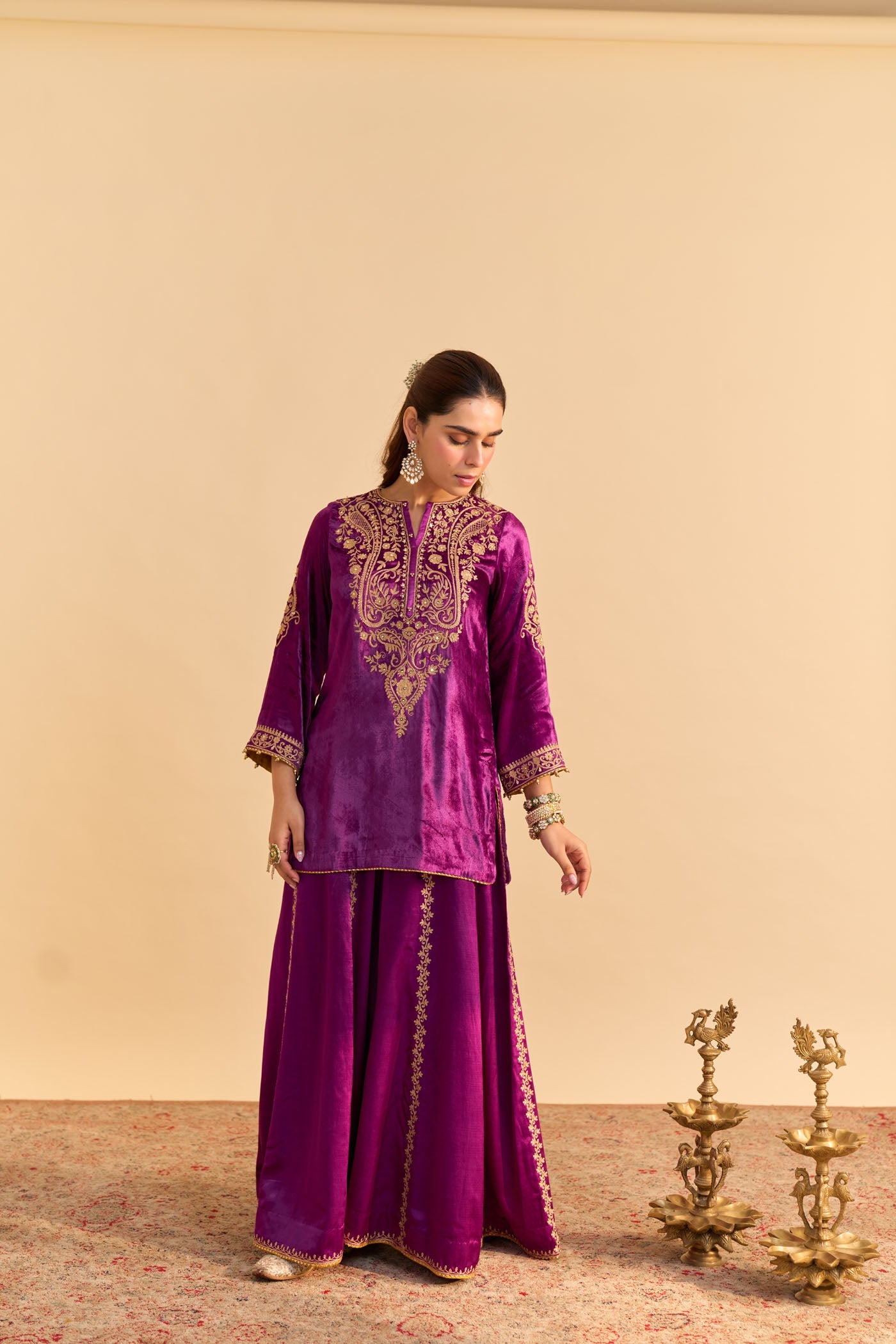Aroob - Silk Velvet Deep Purple Kurta with Sharara and Dupatta (Lxrts)
