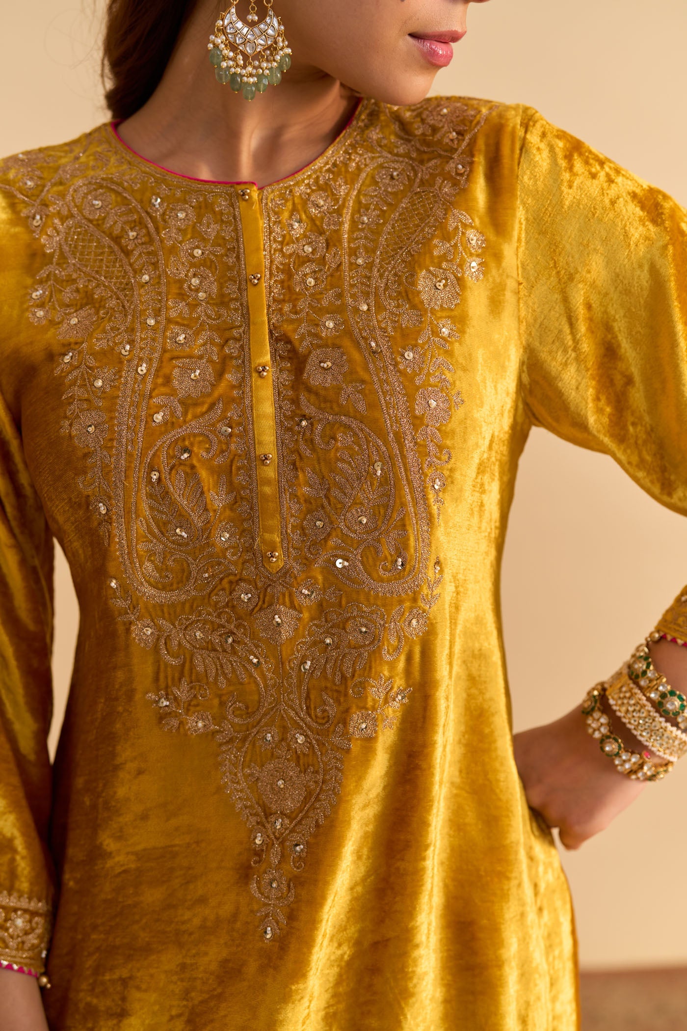 Aroob - Silk Velvet Mustard Kurta with Sharara and Dupatta (Lxrts)